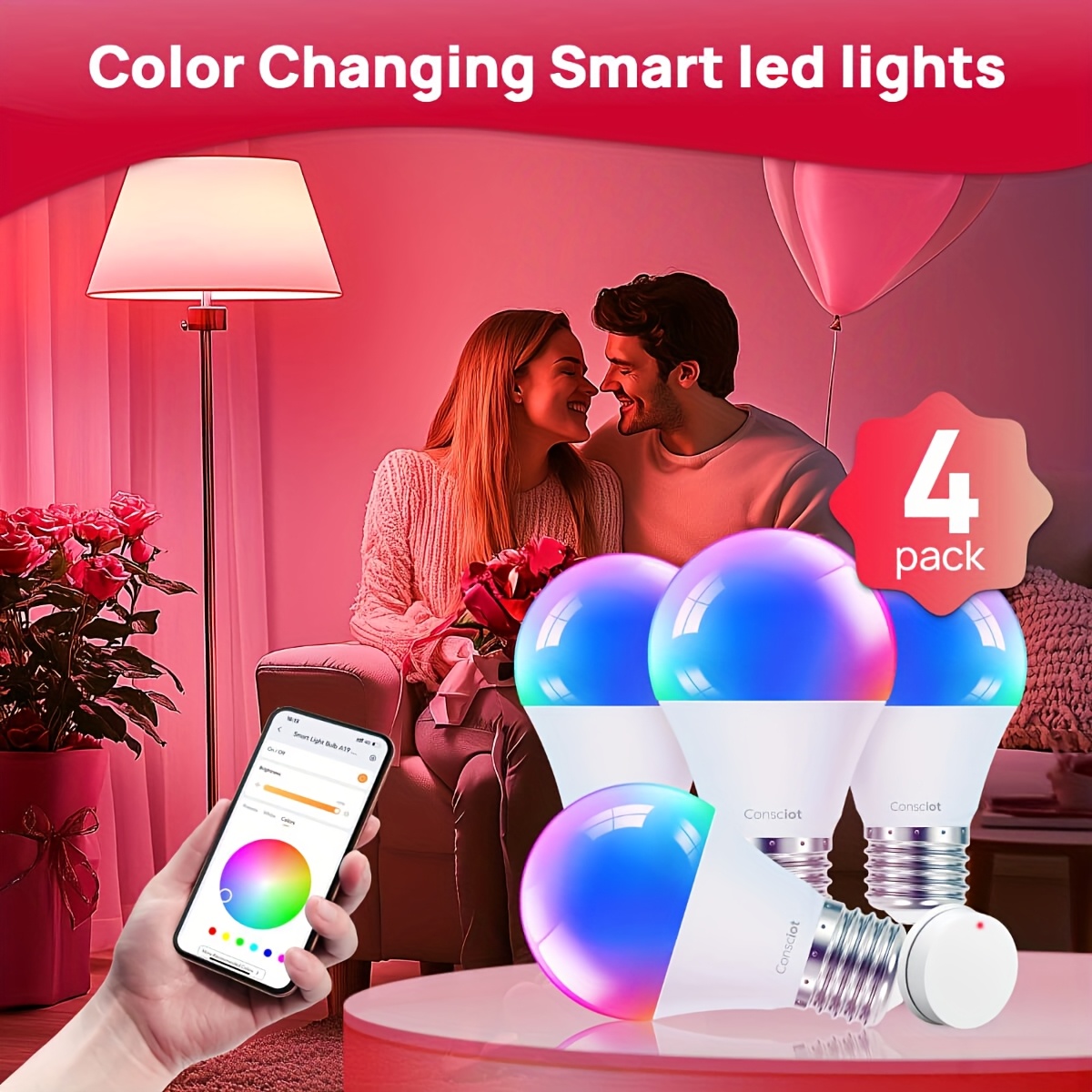 

4-6pcs Smart Light Bulb With Remote Control, And Home Compatible Led Light Bulb A19 E26 2.4ghz Wifi Light Bulb 60 Watt 800lm Dimmable, Music Synchronization For Parties, Home Decor, Led Lights