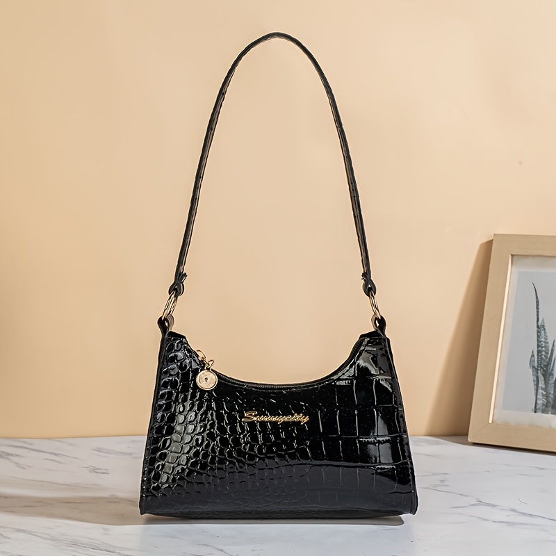Image of Women' Shoulder Bag Alligator Texture Underarm Bag Glossy Letter Zipper Bag Casual Easy Phone Bag Mouth Red Envelope