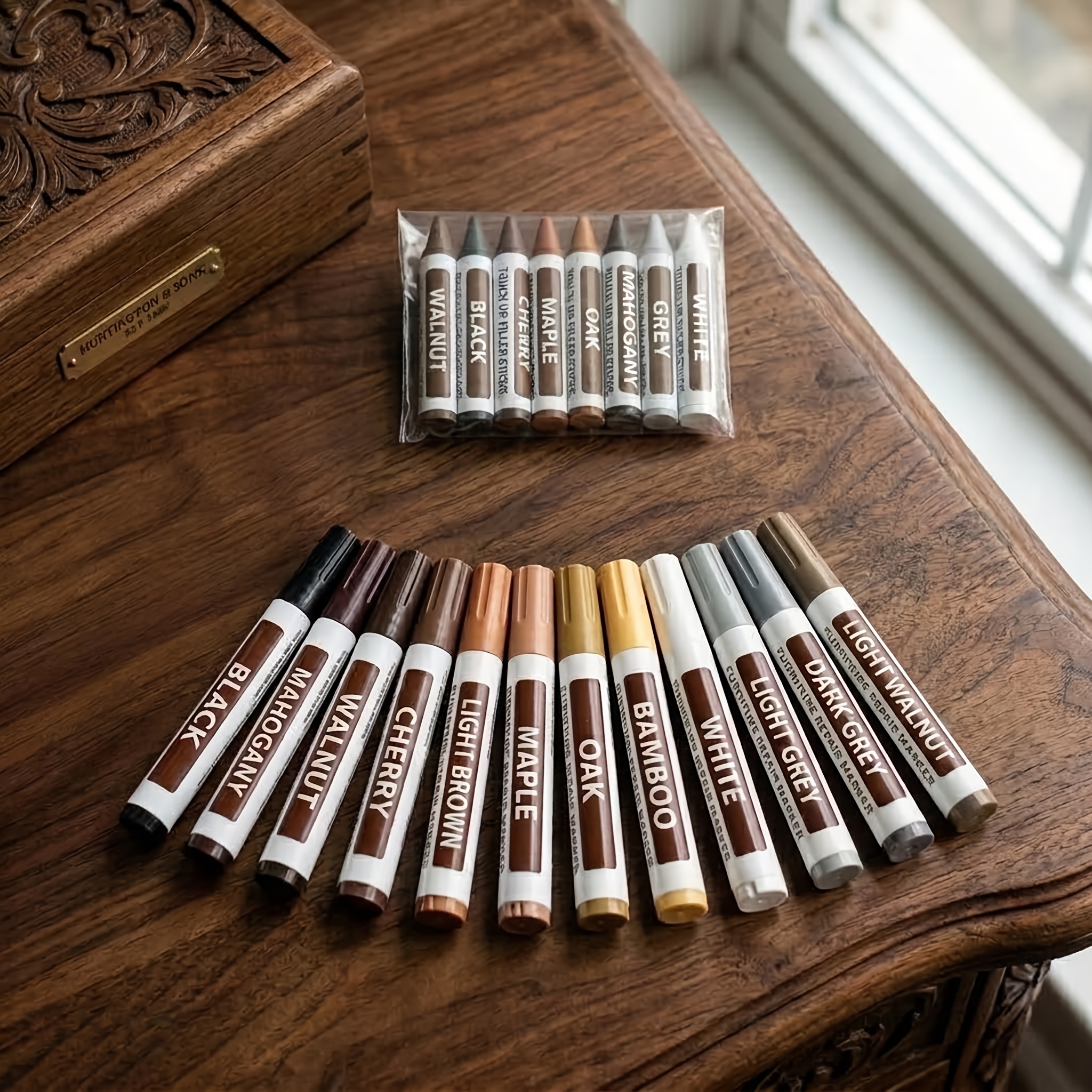 Image of 20pcs Woodworking Repair Kit: Wood Grain Markers And Wax Filler Sticks For Repairing Scratches, Dents On Wooden Floors, Tables, Desks - Plastic Body