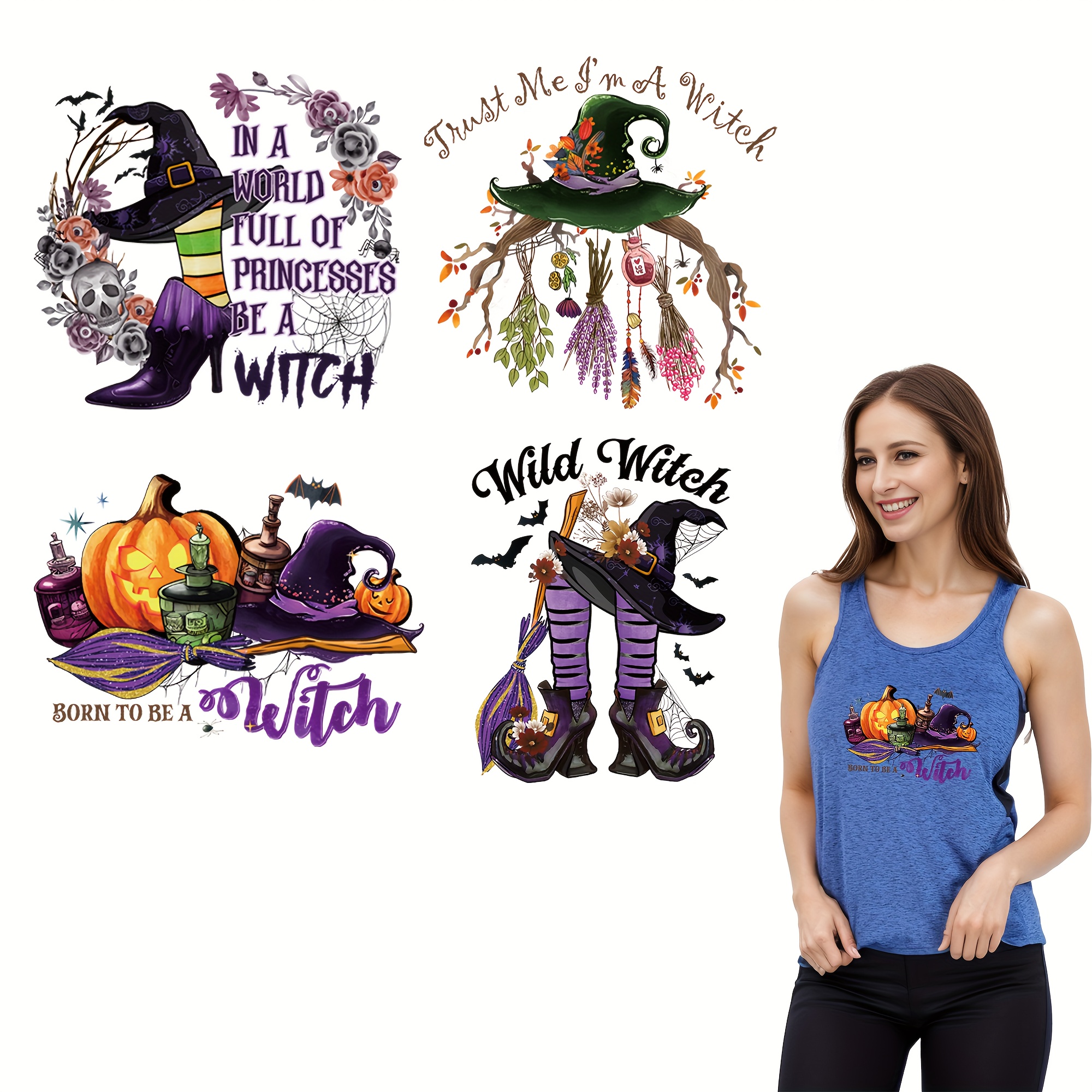 

4pc Set Halloween Witch Hat & Boots Iron-on Transfers | Diy Heat Transfer Patches For T-shirts, Jeans, Bags & More | Durable & Machine Washable Fabric Decor