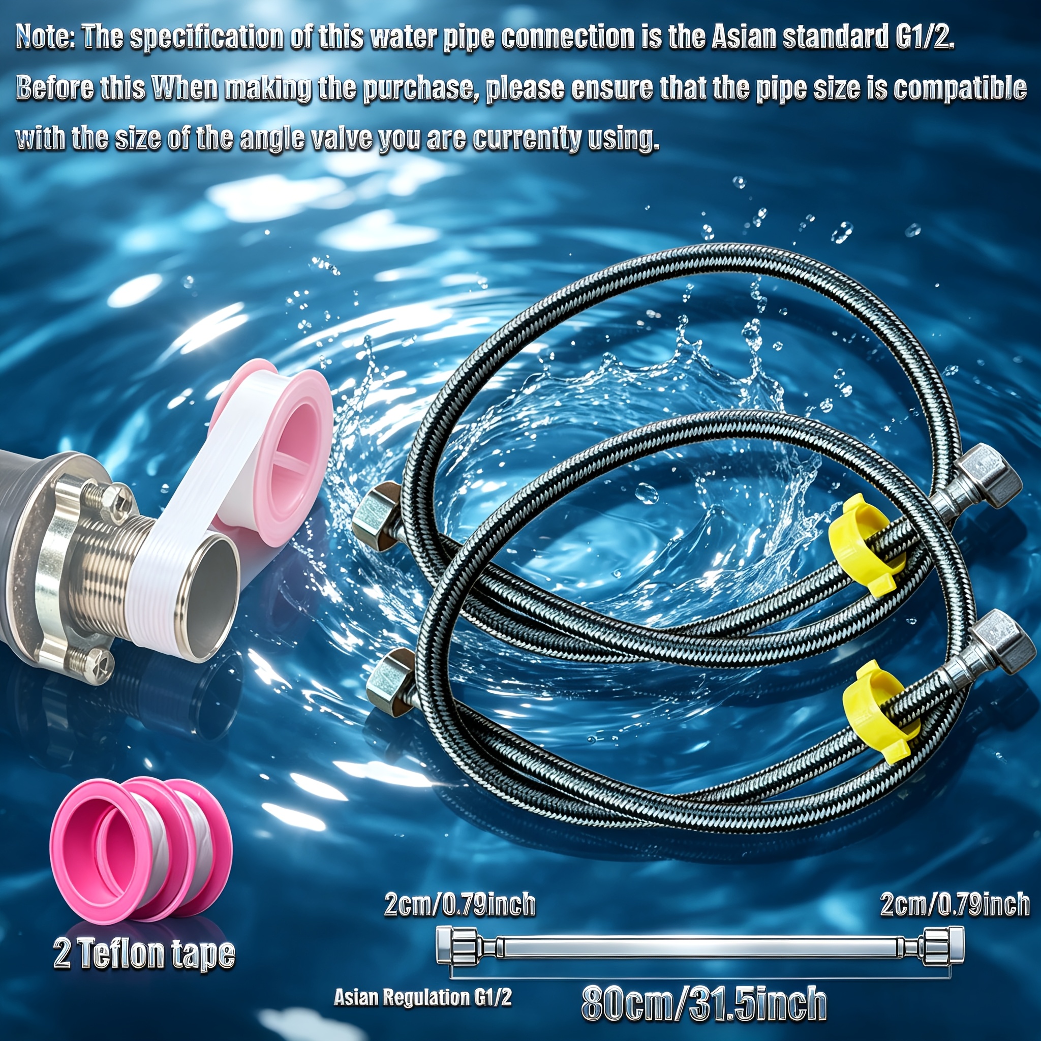 TEMU 4 Pack New Bathroom Sink Faucet Hose Set - 2 31.5inch Leak-proof Hot And Cold Water Hoses + 2 Teflon Tapes - Stainless Steel Alloy Durable
