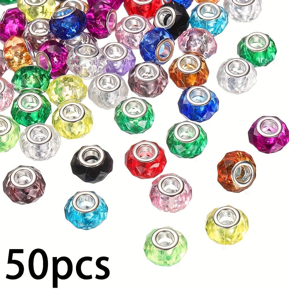 TEMU 50pcs Mixed Cut Acrylic Large Hole Beads 14mm European Loose Round Rhinestone Craft Decorative Beads Beads For Diy Exquisite Bracelet Necklace
