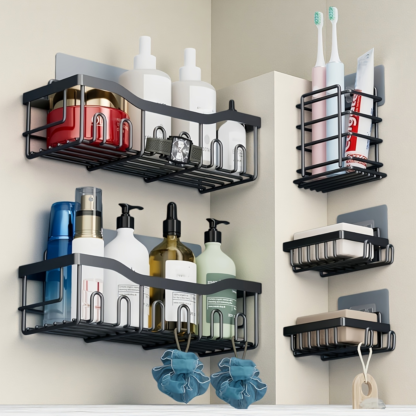 TEMU 5pcs Iron Art Bathroom Storage Rack Set, Non-drilled Adhesive Bathroom Shelf, Large-capacity Kitchen Multi-functional Storage Rack, Suitable For
