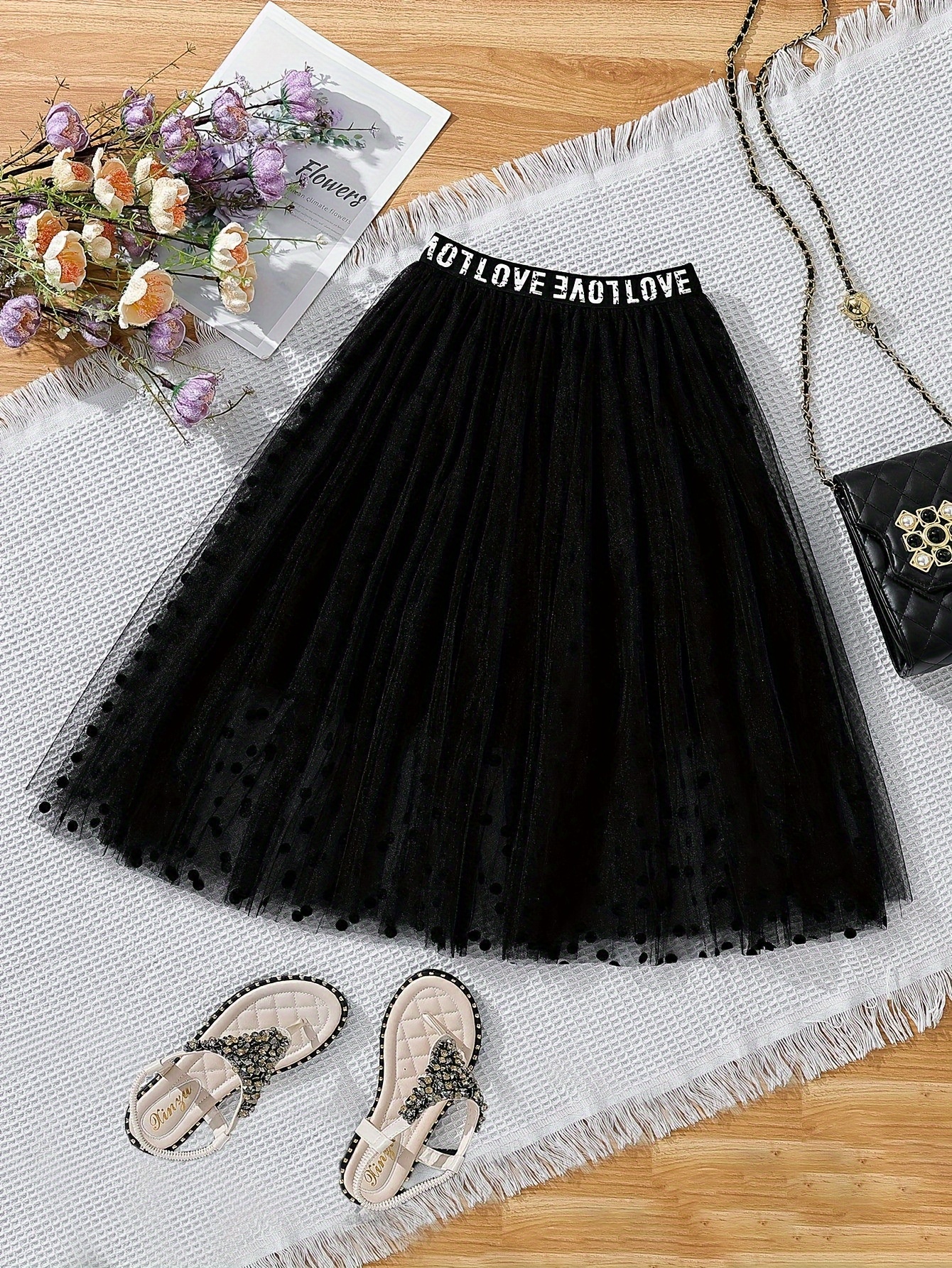 girls' cute a line flared skirt black lace effect tulle 