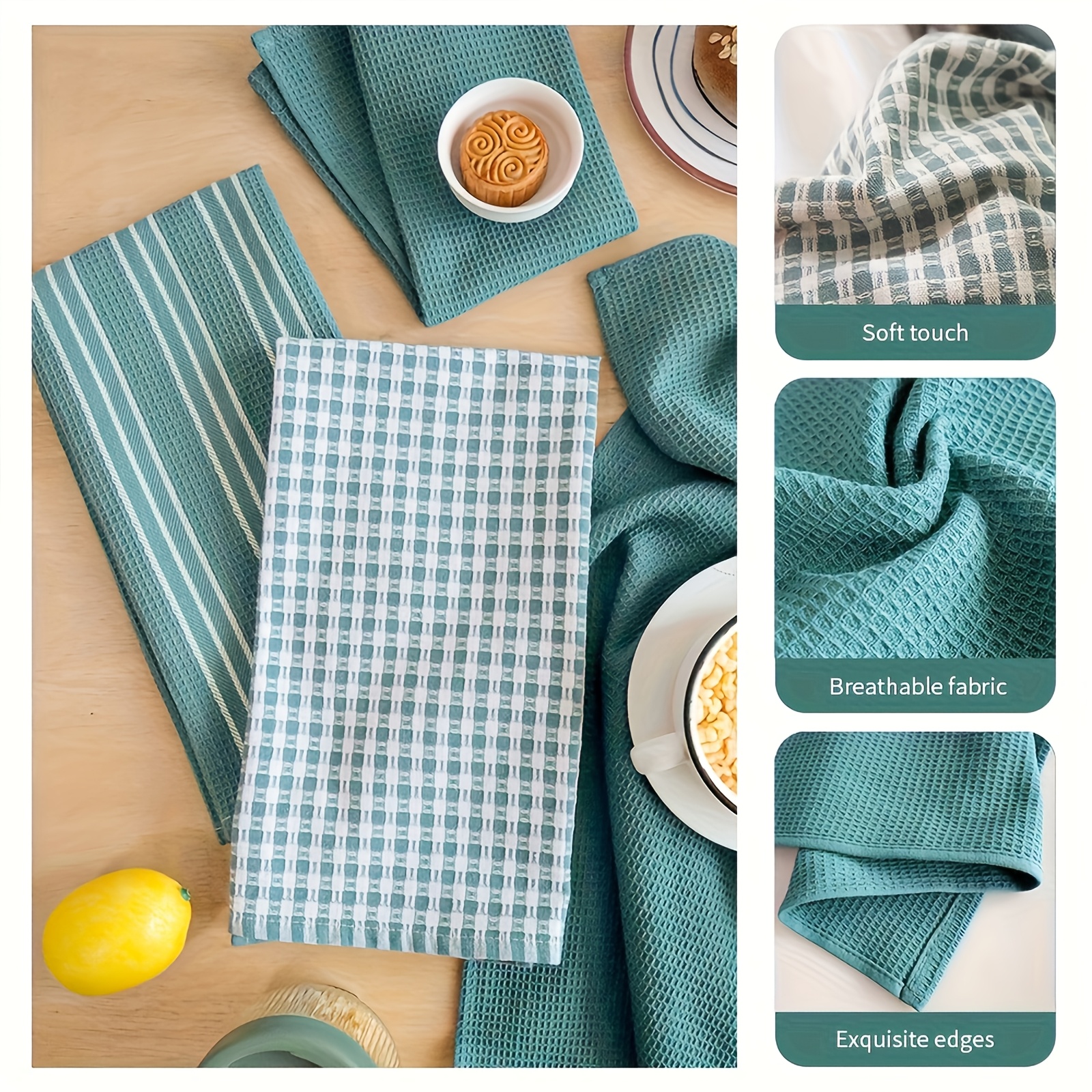 6pcs Soft & Absorbent Kitchen Towel Set - Large, Durable Waffle Weave Dish Cloths in Solid, Plaid & Striped Patterns for Easy Cleaning & Drying - Ideal for Cooking, Baking & Tea Time