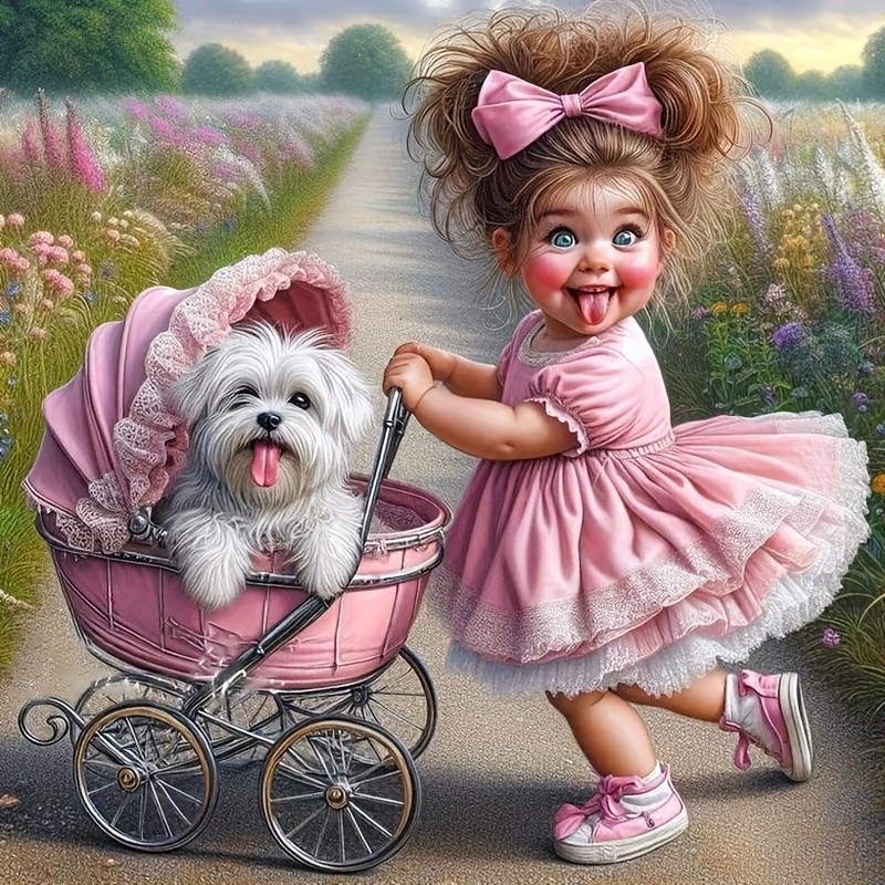un ensemble de peinture diamant   cadre   fille poussant un chiot en poussette,     diamant 5d à   complète ronde, ornement murale décoratif en mosaïque, cadeau créatif   pour les vacances 0
