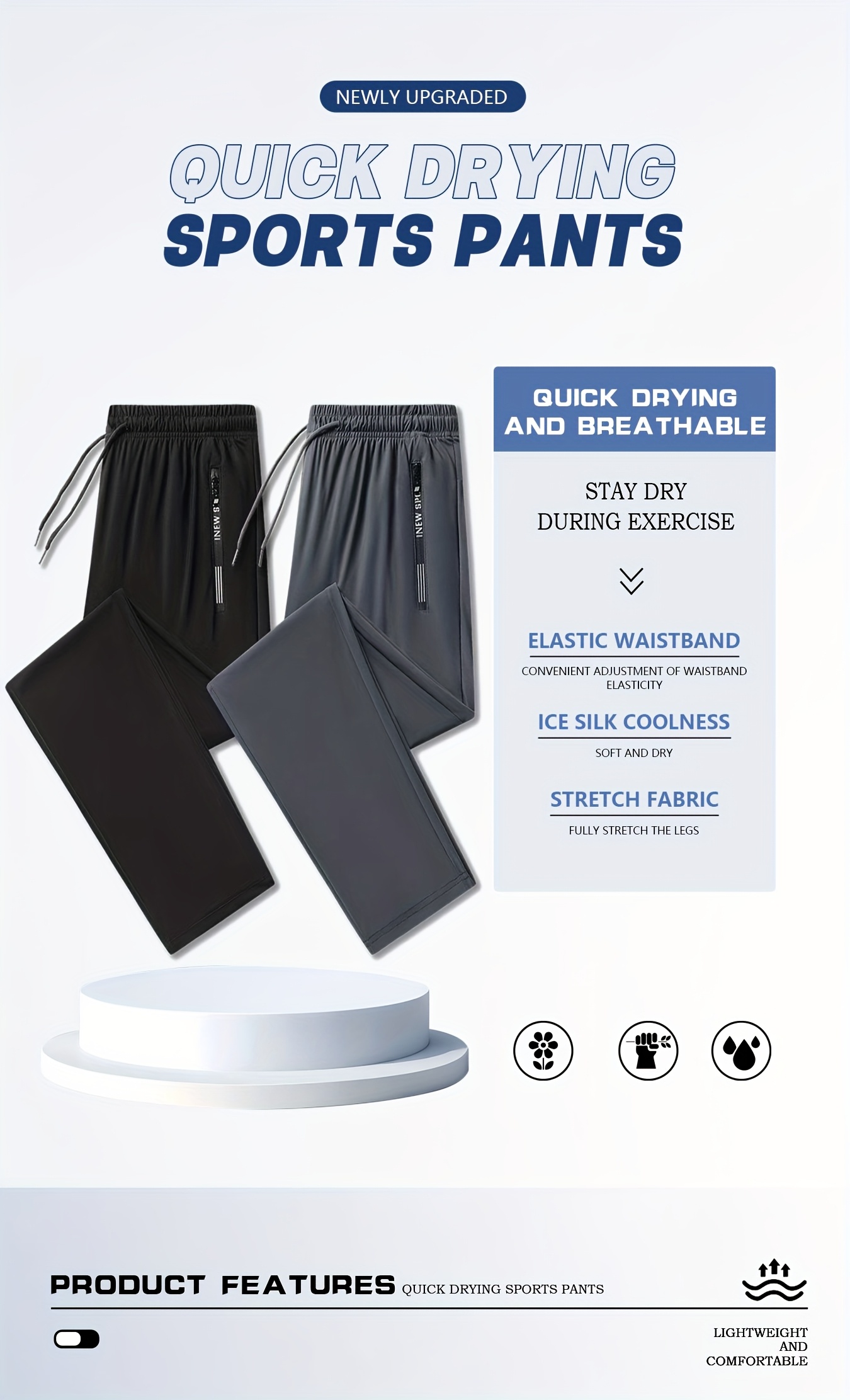 2pcs mens high   joggers ice cooling fabric zipper pockets breathable lightweight design for summer sports and casual wear   fit durable nylon spandex blend solid   for running gym golf fishing and outdoor activities Product details 4