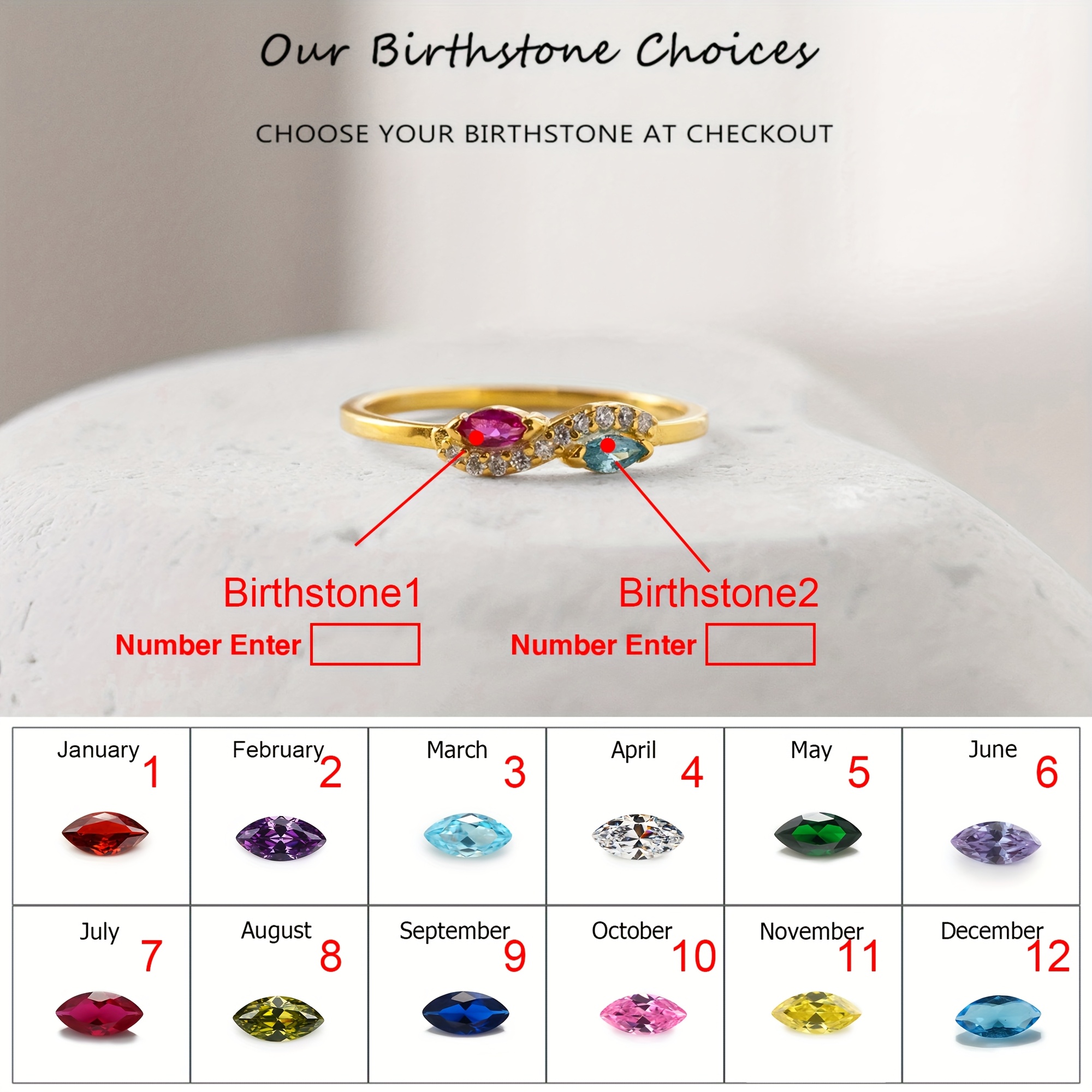 TEMU 1pc Classic Fashion Women's Personalized Custom Ring With 2 Birthstones, Mother's Jewelry Valentine's Day Gift, Inlaid With Synthetic Cubic