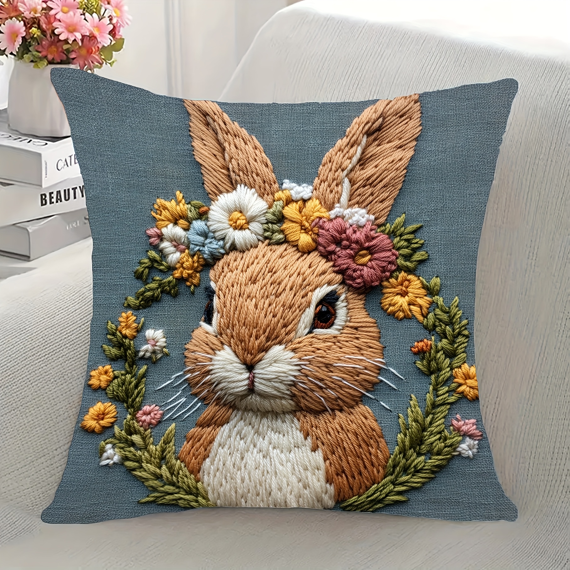 

1pc, Contemporary Style 18x18 Inch Polyester Short Plush Embroidered Easter Bunny Crown Cushion Cover, Machine Washable, Zipper Closure, Woven Decorative Pillowcase For Home, Sofa, Bedroom - Adas3258