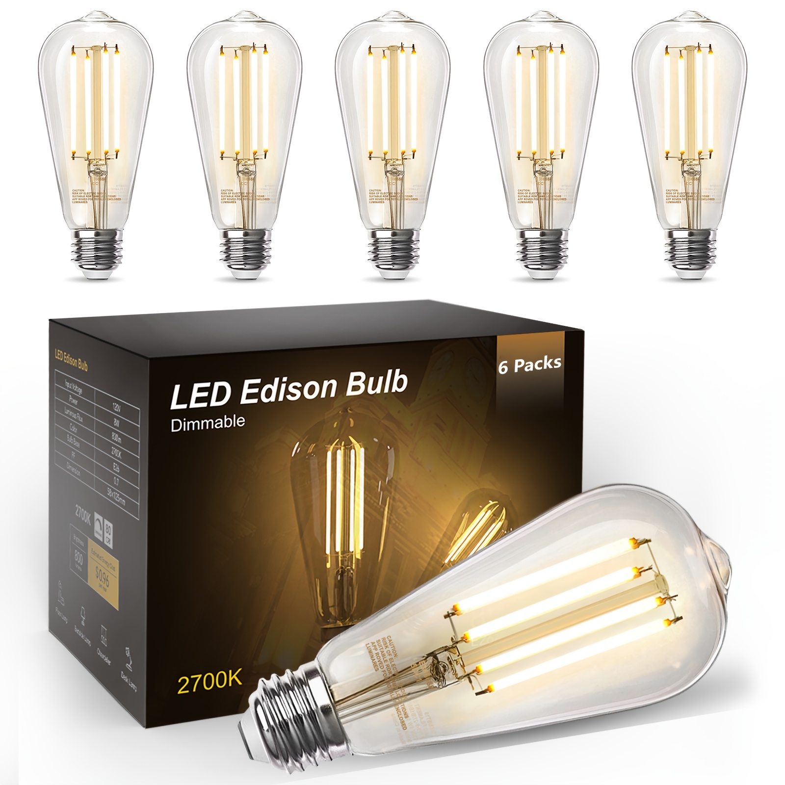 

6pcs/12pcs/24pcs Retro 8w Led Bulbs, To , 800 , High 2700k Warm White Light, Dimmable, E26 Base, St58 Led Filament Bulbs, Cri 80+, Transparent Glass, Suitable For Home, Bedroom, Farmhouse