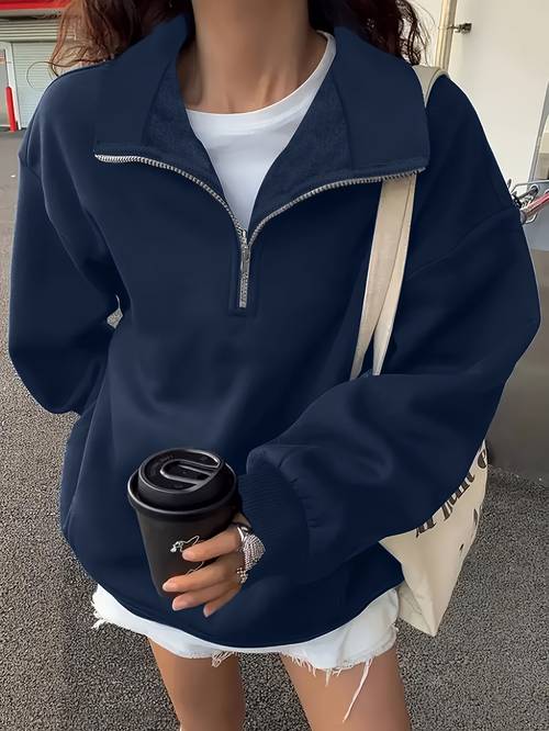 new autumn womens trendy minimalist solid casual versatile neckline zipper sweatshirt