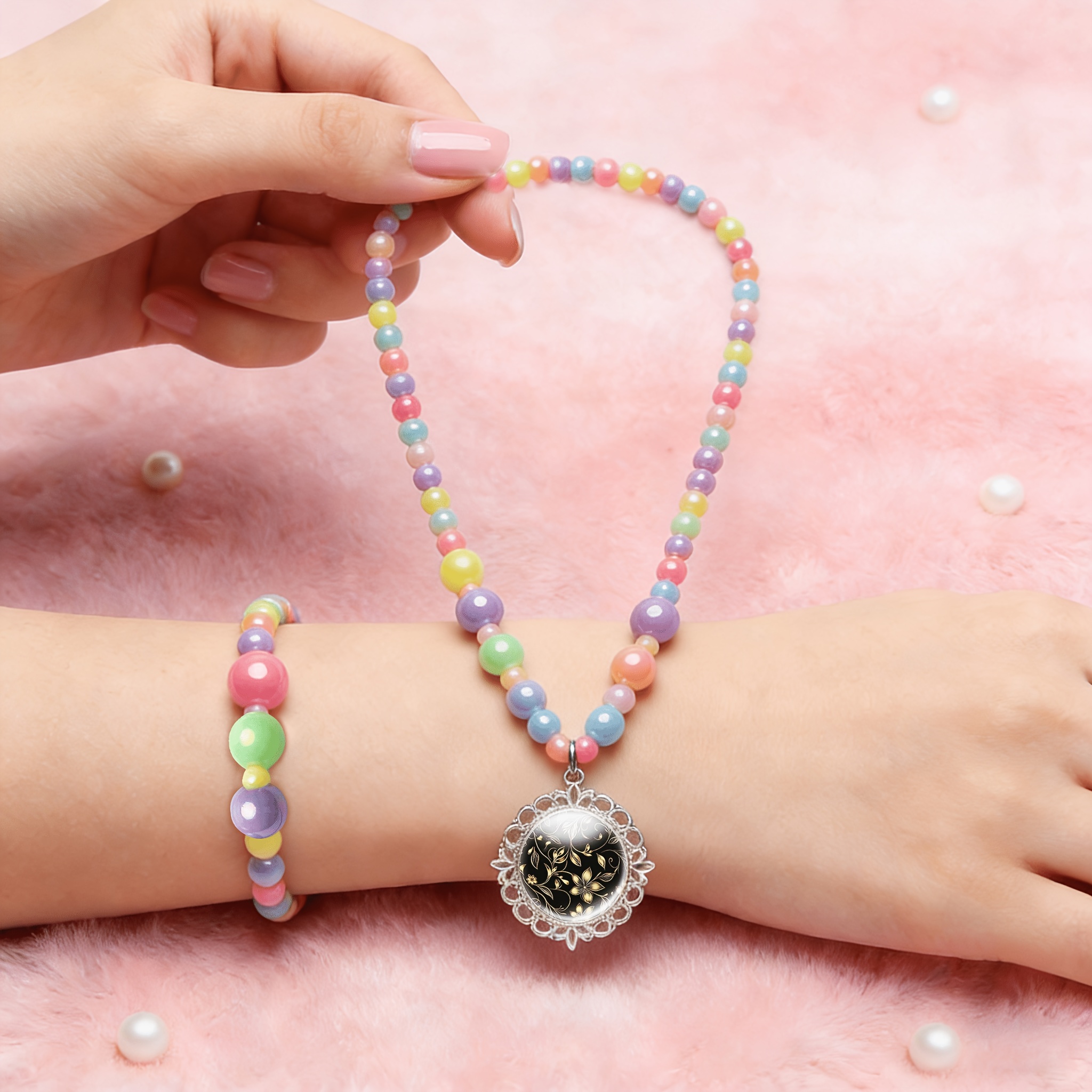 2pcs Women's Cute Necklace & Bracelet Set, Random Colour