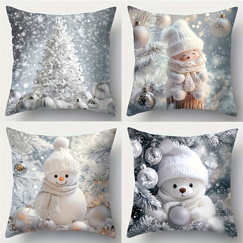 

Christmas Set Of 4, 18x18 Zippered Pillowcases Stuffed Snowman, Bear, And , Washable, Stain , For , Car, Bedroom, Decor - No