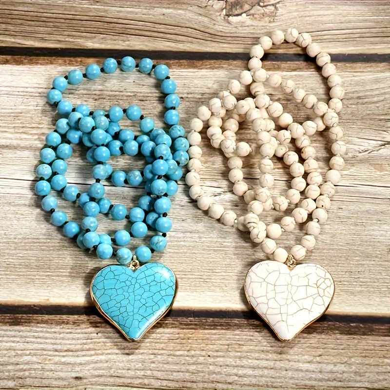 

Chic Adjustable Blue & White Heart Pendant Necklace With Turquoise Accents - Versatile Fashion Accessory For Everyday Wear & Parties Jewelry For Women Necklaces For Women
