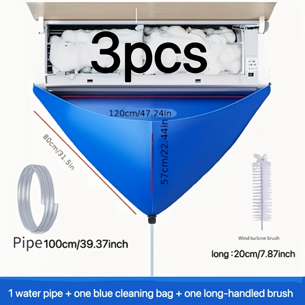 TEMU Kit de nettoyage universel pour climatiseur split 3 pièces - 1 brosse de nettoyage à long manche + 1 sac de nettoyage bleu + tuyau d'eau 100