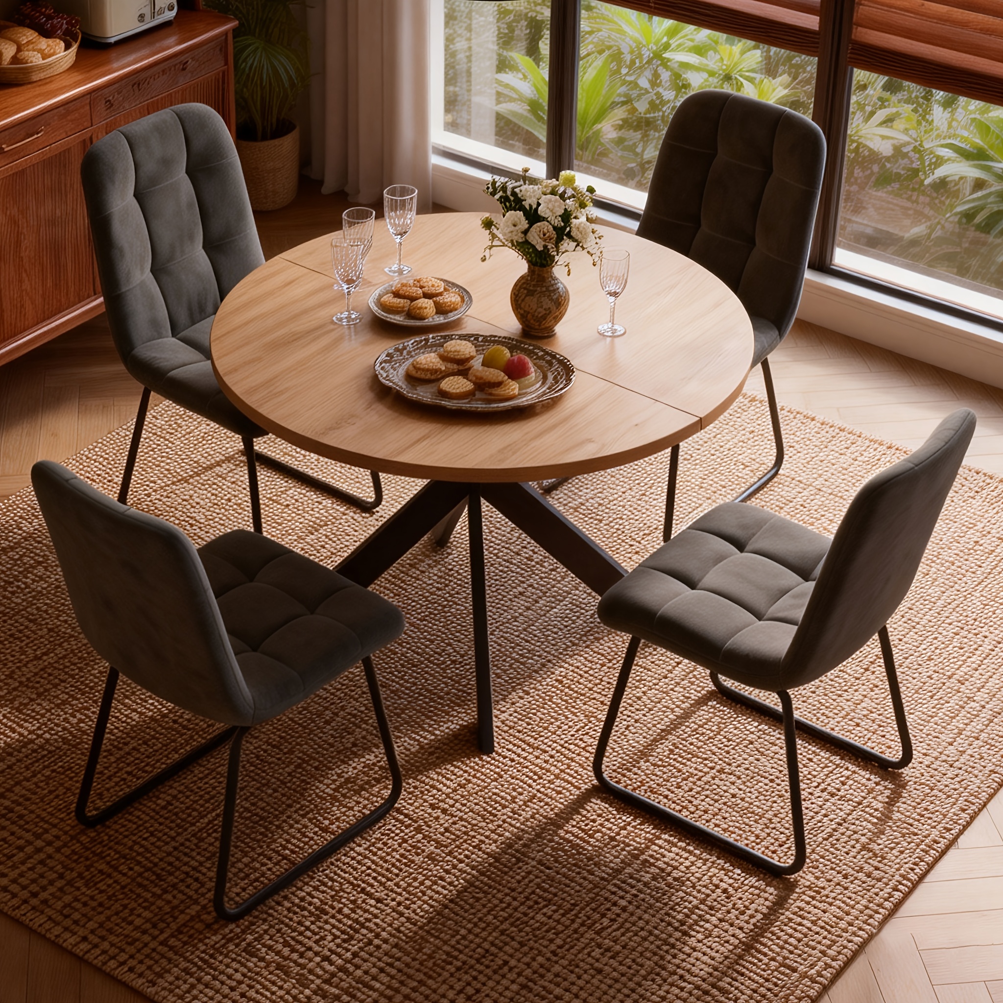 Image of 5pcs Oak-colored Dining Table And Chair Set, High-density Mdf Tabletop, 4cm Thickened Tabletop, 4 Dining Chairs, Home Dining Room Kitchen Set
