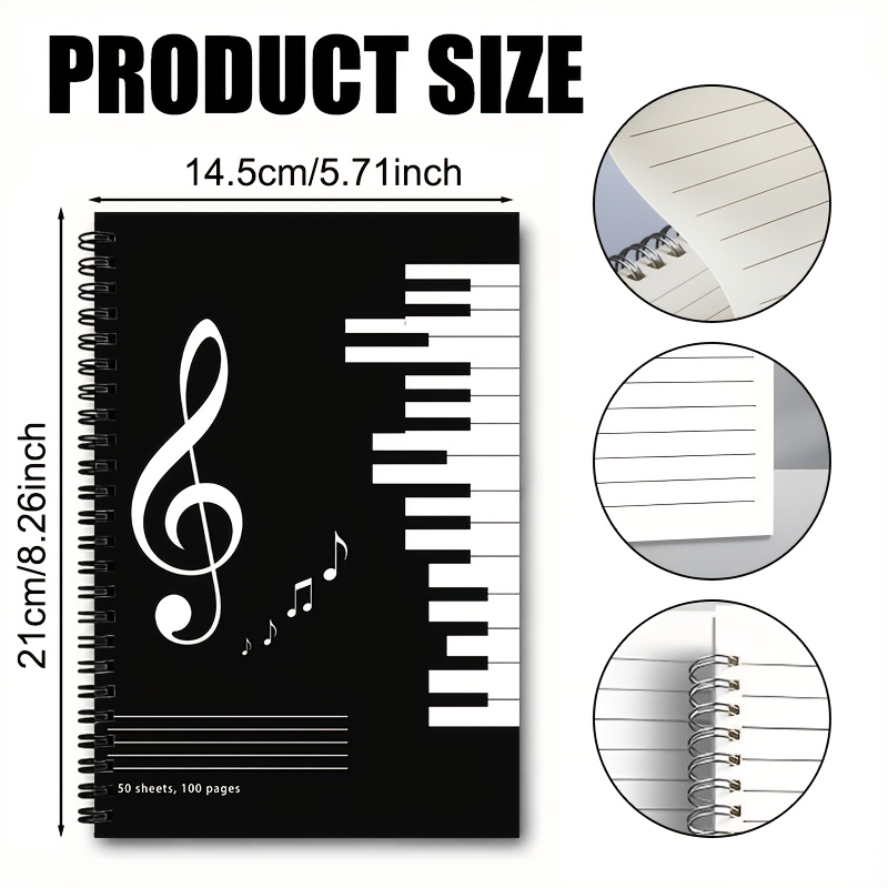 TEMU 1pc A5 Spiral Coil Notebook, 50 Sheets/100 Pages, Black Background Piano Key Treble Clef Pattern Notebook, Easy And Scheme With Strong