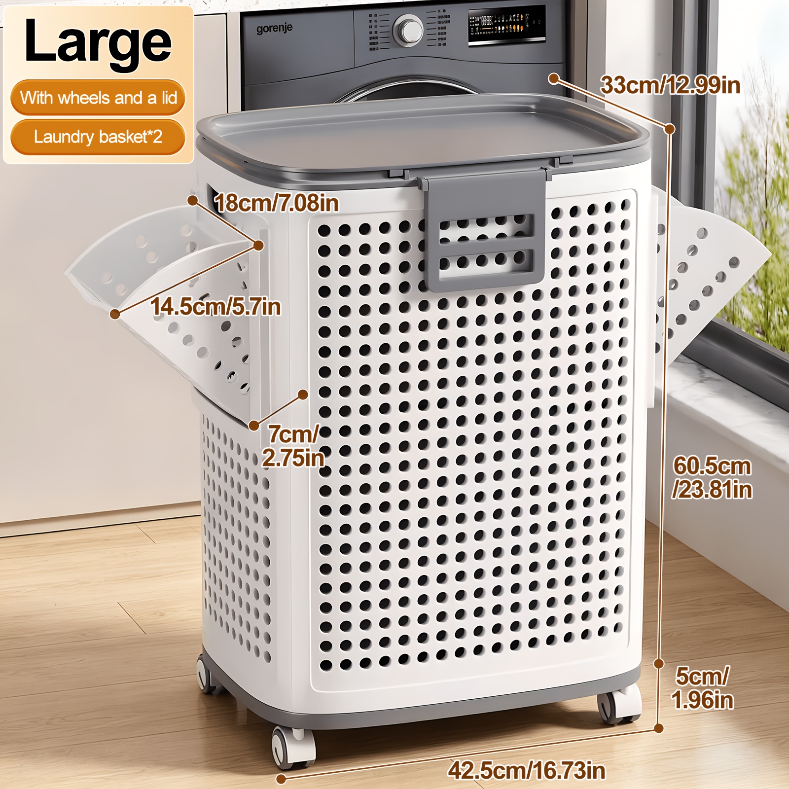 TEMU Large Laundry Basket With Lid- Foldable Ventilated Plastic Storage Bin With Lockable Casters, Versatile Portable Storage Basket For Dormitory,