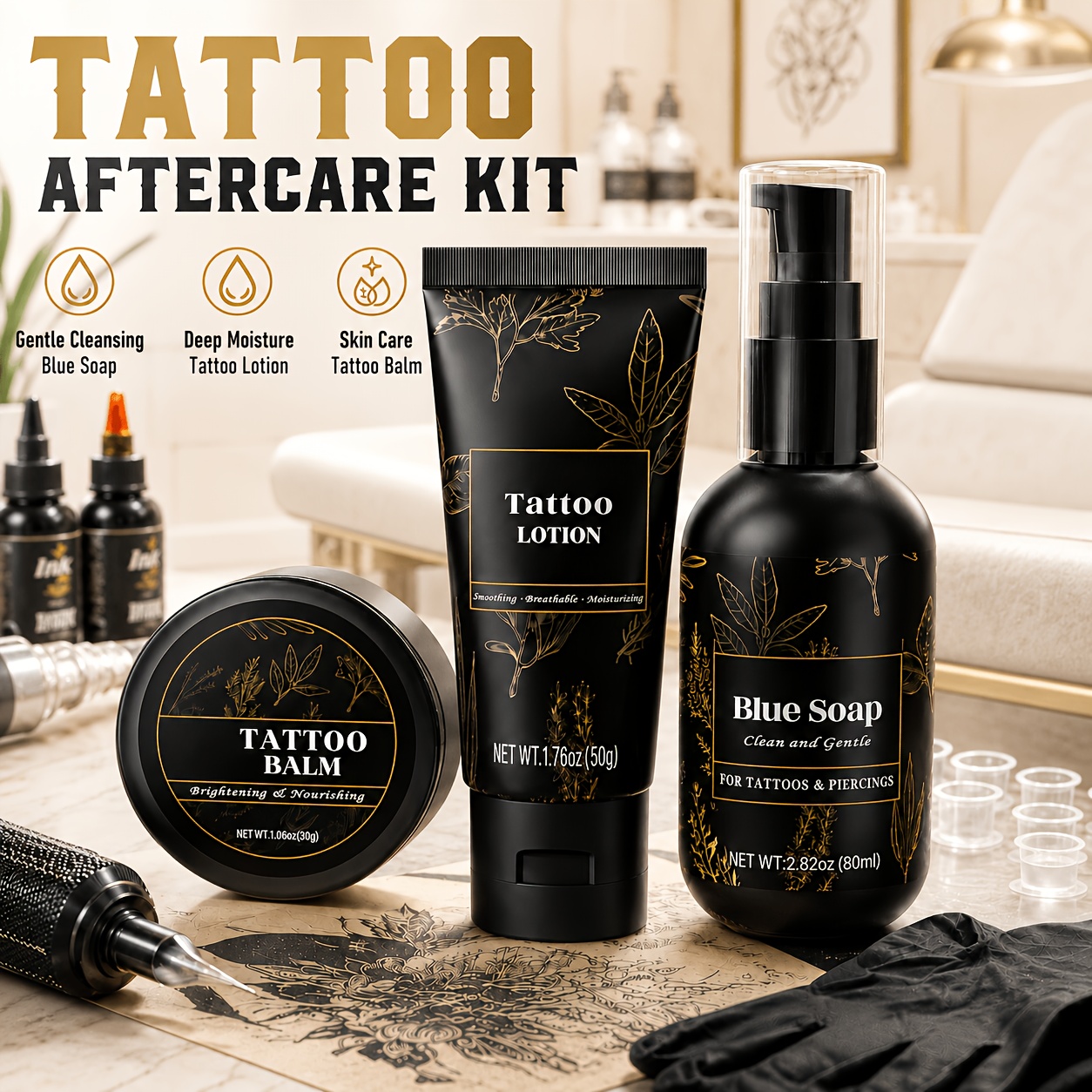 TEMU Kit de 3 pièces avec savon nettoyant, lotion hydratante et baume pour tatouage, convient pour complet de après le perçage, pour les tatoueurs,
