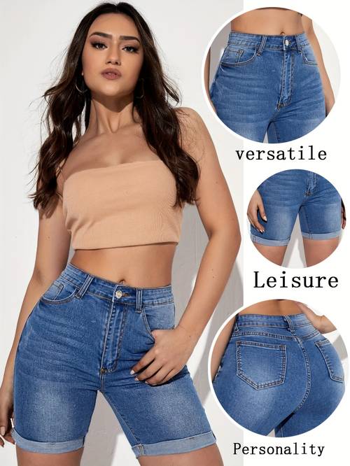 womens high waist skinny jeans shorts stretchy blue denim style button fly spring summer fashion casual wear highwaist shorts stitched pocket detail