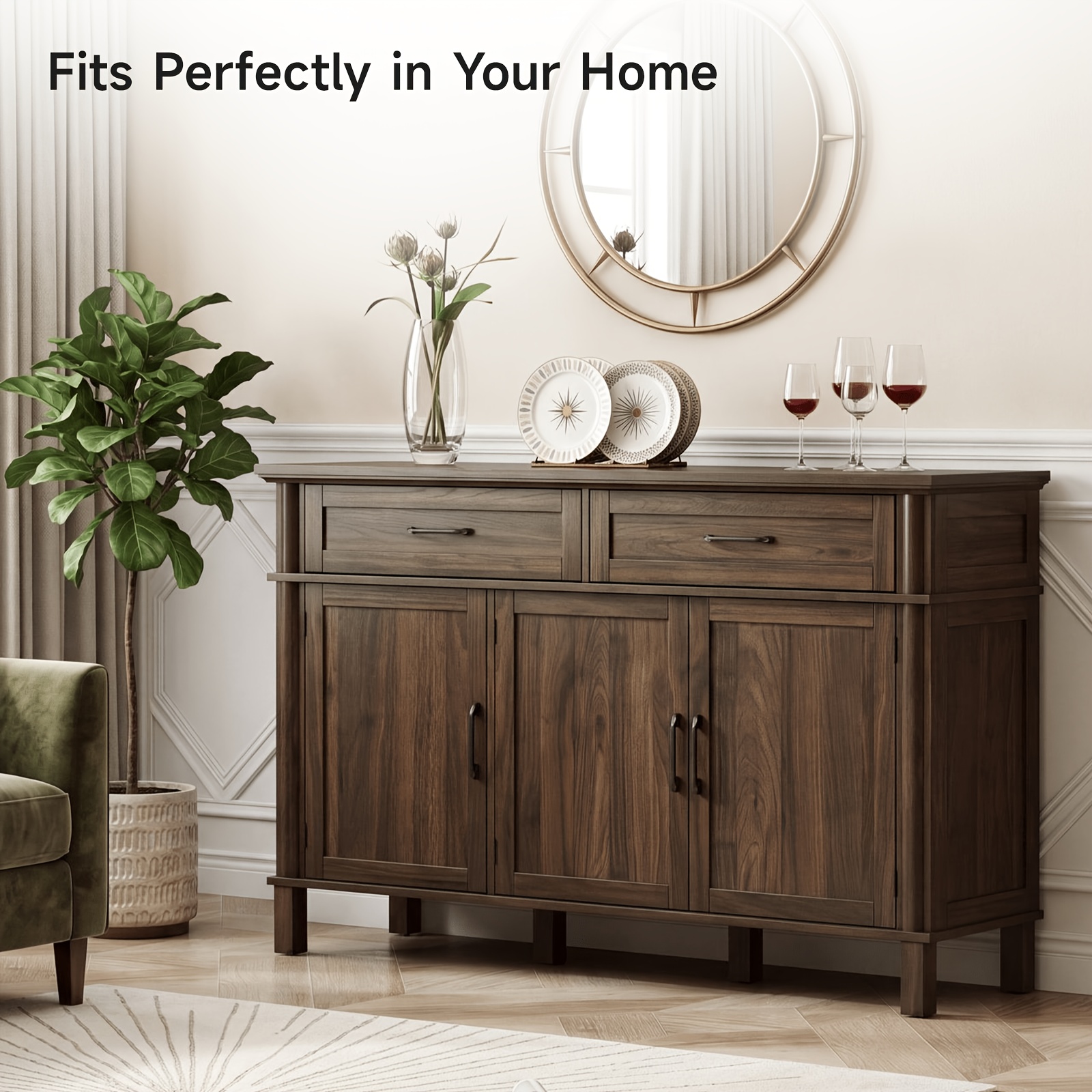 Farmhouse 48 Inch Buffet Cabinet with Storage, 48 Inch Sideboard with 2 Drawers And 3 Doors - Wood Coffee Bar Cabinet with Adjustable Shelves for Kitchen, Dining Room, Living Room