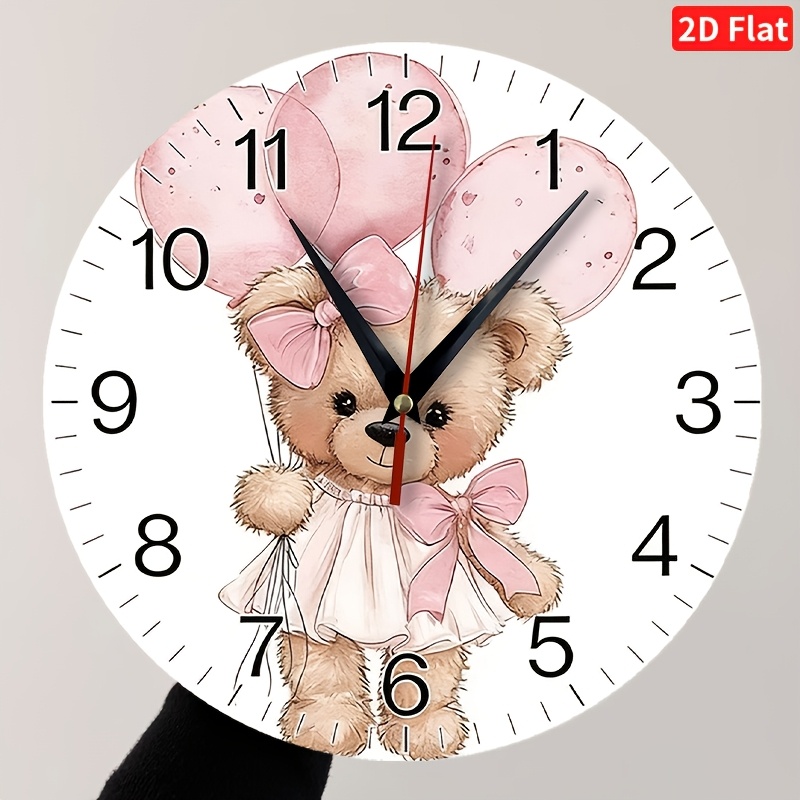 TEMU 1pc Teddy Bear Wall Clock With Pink Balloons & Bows - Round Nursery Decor, Artificial Wood Room Clock Suitable For Playroom, Bedroom, Living