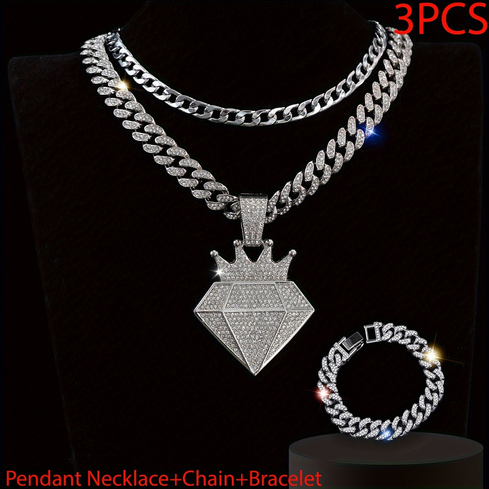 

3pcs Crown Rhinestone Pendant, Collocation Iced Cuban Chain, Fashion Hip Hop Rhinestone Street Rock Bracelet Necklace Jewelry Set