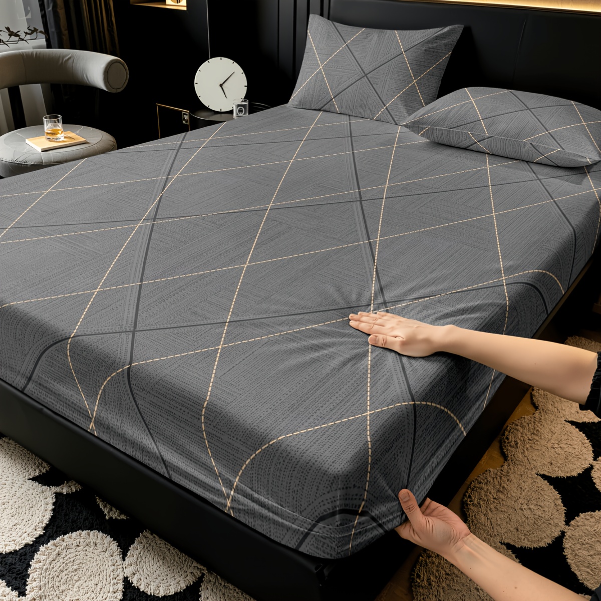 TEMU 3pcs Set, Golden Striped Fitted Sheet 3pcs Printed Bedding, Soft, Comfortable, And Breathable, Suitable For Bedroom, , And School Dormitory