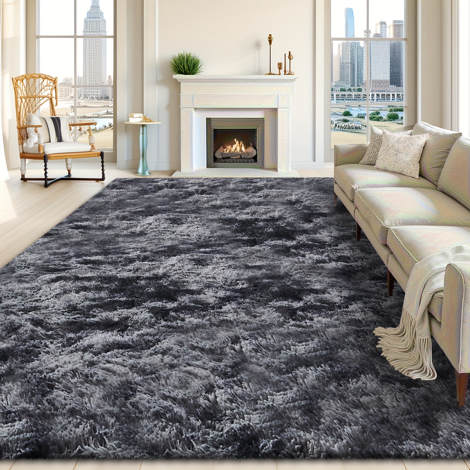 Oversized Modern Gray Shaggy Rug - Large Suitable For Living Room, Bedroom, Office - Neutral Grey Soft, Dry Only, Machine- Backing
