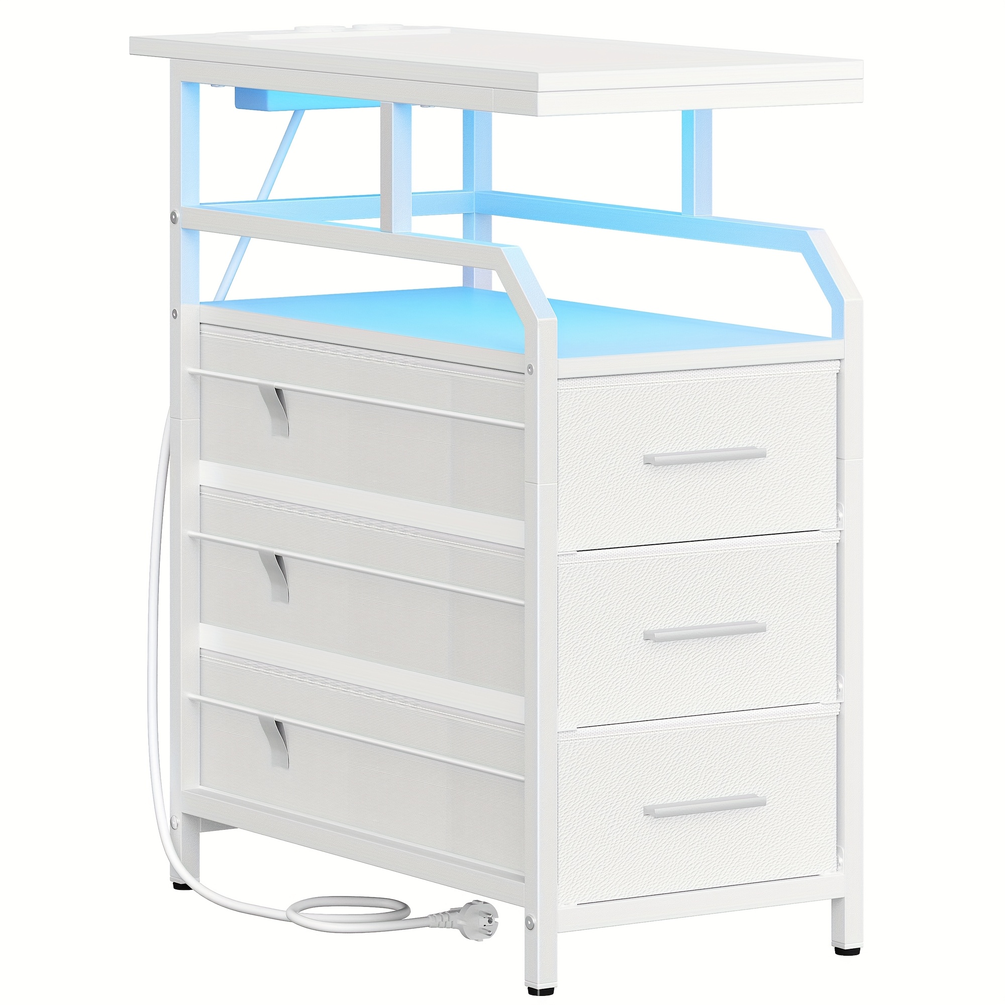 Image of Side Table, Narrow Bedside Cabinet With 3 Drawers And 1 Open Compartment, Sofa Table, Suitable For Bedroom, Living Room, 60 × 30 × 66.6cm, Modern White