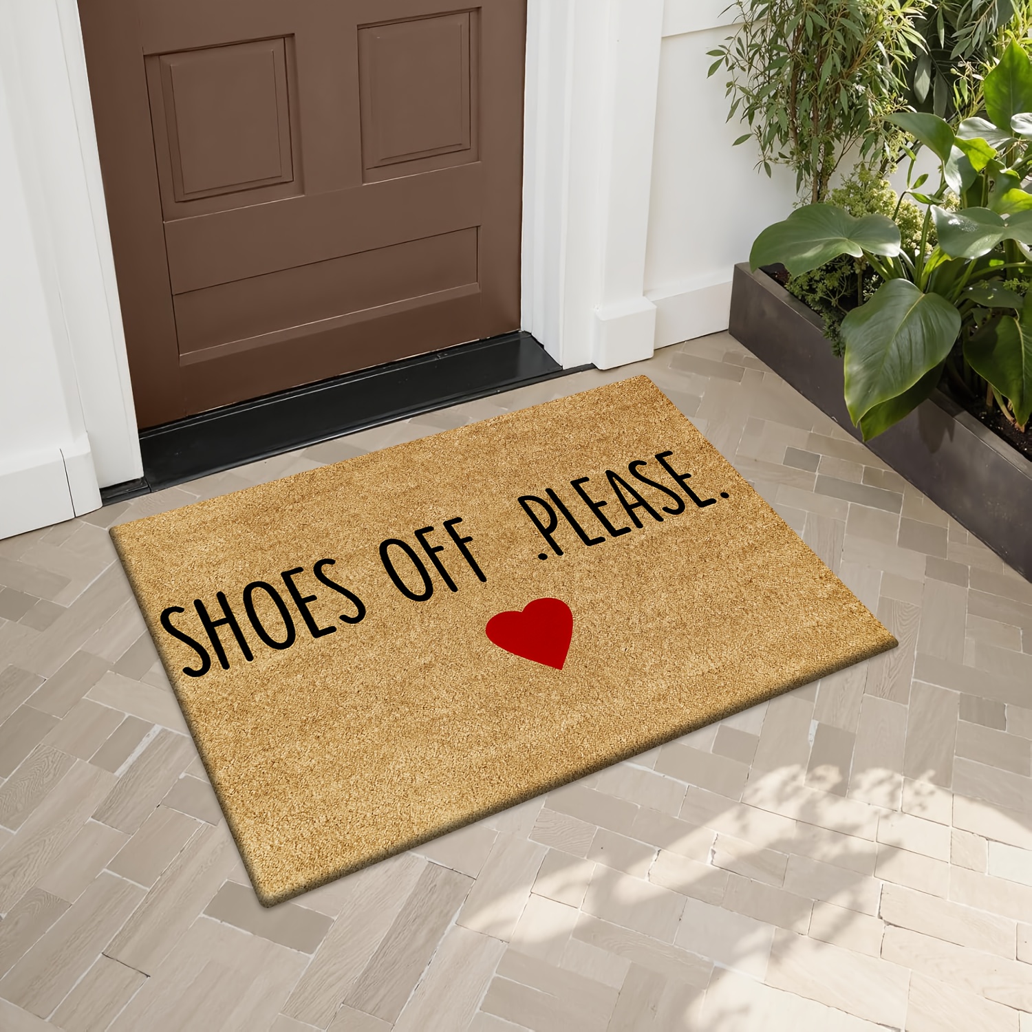 TEMU [ Product] [flannel And 1cm Thick Sponge Material] Fun Door Mat With Brown Background And Black Letters ".please." And Red Heart Pattern, Easy