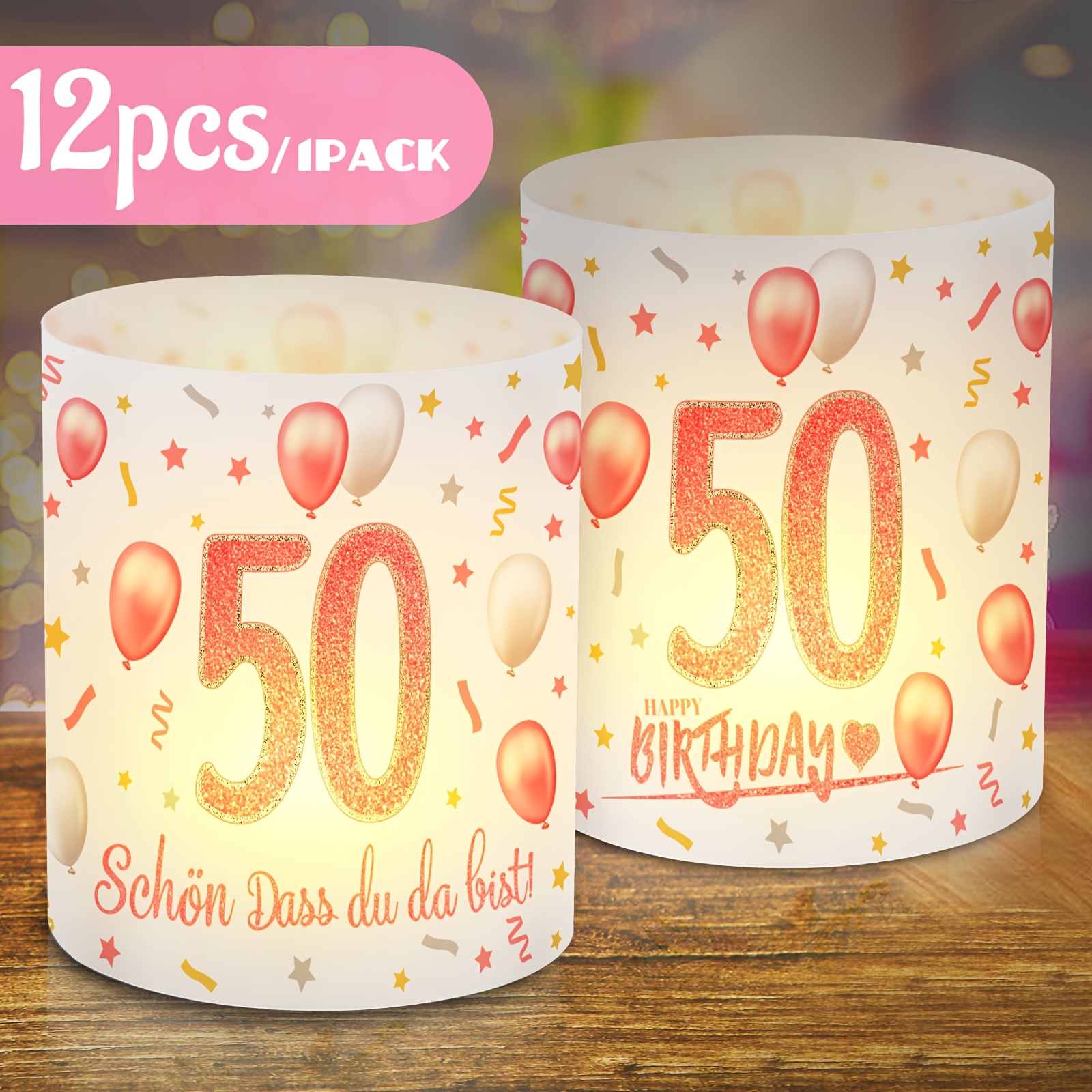 E-shop 12 Stk. Roségoldene 50. Geburtstag Lampenschirme & Kerzenhalter - Herz- & Ballon-Design mit "Schön dass Du Da Bist" Deutscher Spruch, Plastik