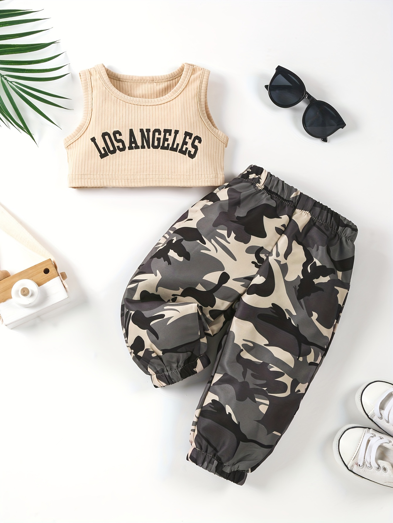 2PCS Infant's Los Angeles Letter Print Summer Set Sleeveless Tank Top & Camouflage Pants Baby Girl's Clothes
