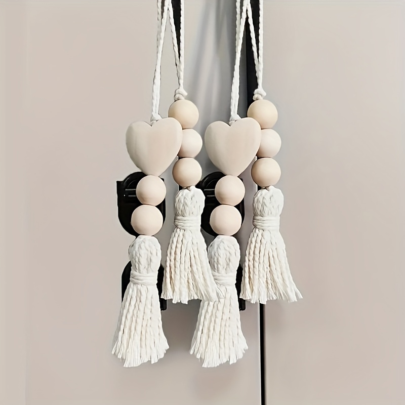 Image of 2pcs/4pcs, Wooden Bead Heart Ring, With Wooden Tassel Farmhouse Tassel Bead Ornament Countryside Countryside Beads Home Decor
