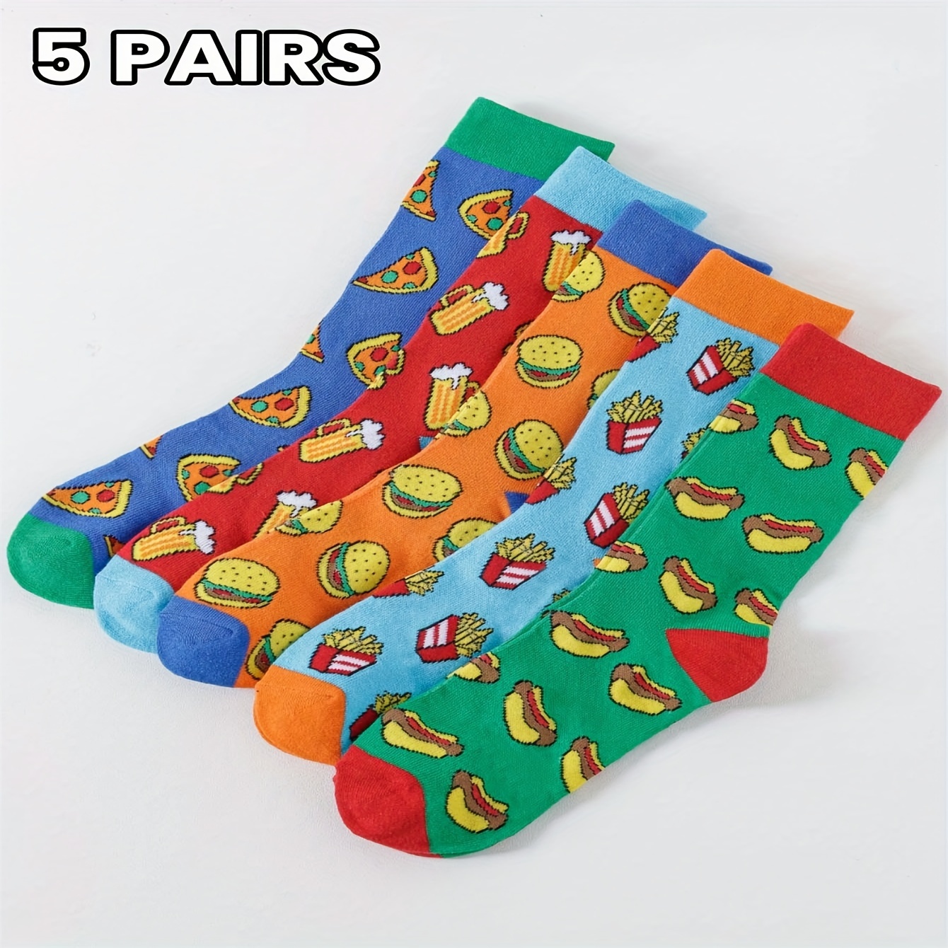 E-shop 5 Paar/Satz Herren-Socken im lustigen Cartoon-Essens-Kombi-Design für Herbst/Winter – Hamburger, Bier, Hot Dog, Pizza -Muster, wadenhohe Socken,