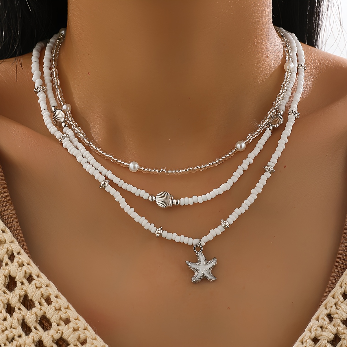 Image of 3pcs Glass Seed Bead Choker Alloy Pendant Necklace Layered Set Bohemian Fashion Sexy Minimalist Seed Bead Choker Starfish Pendant Necklace Layered Set