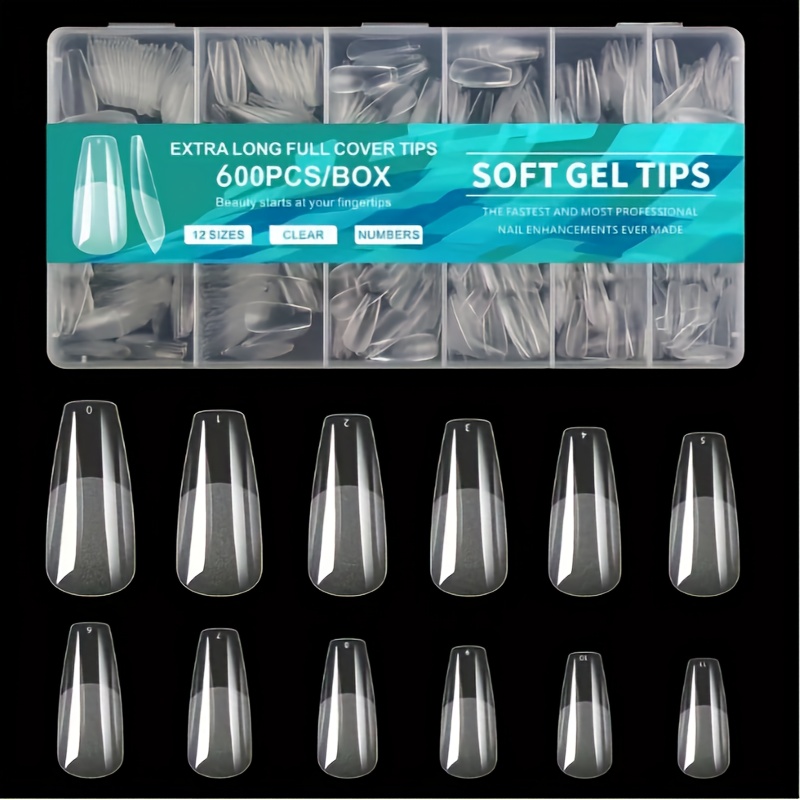 

600pcs/box Soft Gel Nail Tips, Extra Long Ballet Full Cover Clear Nail , 12 Sizes, Pre- Easy Application, Semi-matte