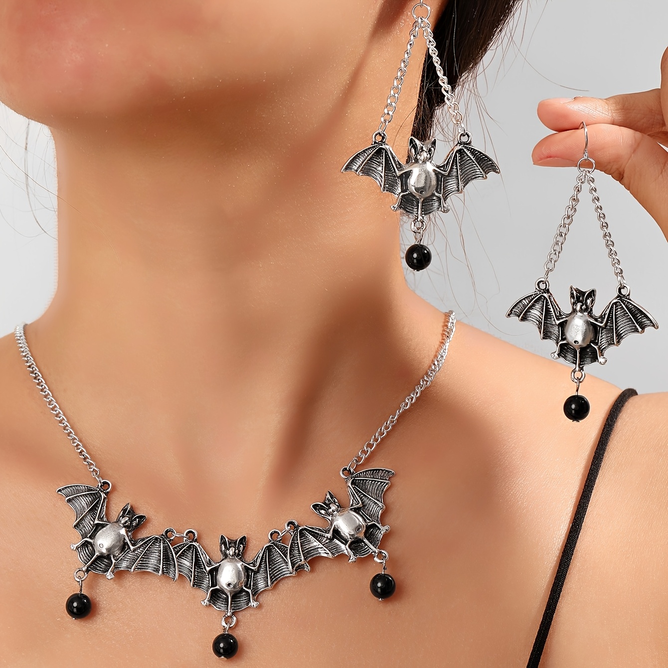 TEMU Ensemble de bijoux style avec collier chauve-souris, accessoires créatifs exagérés, pendentif, chaîne de clavicule et boucles d'oreilles