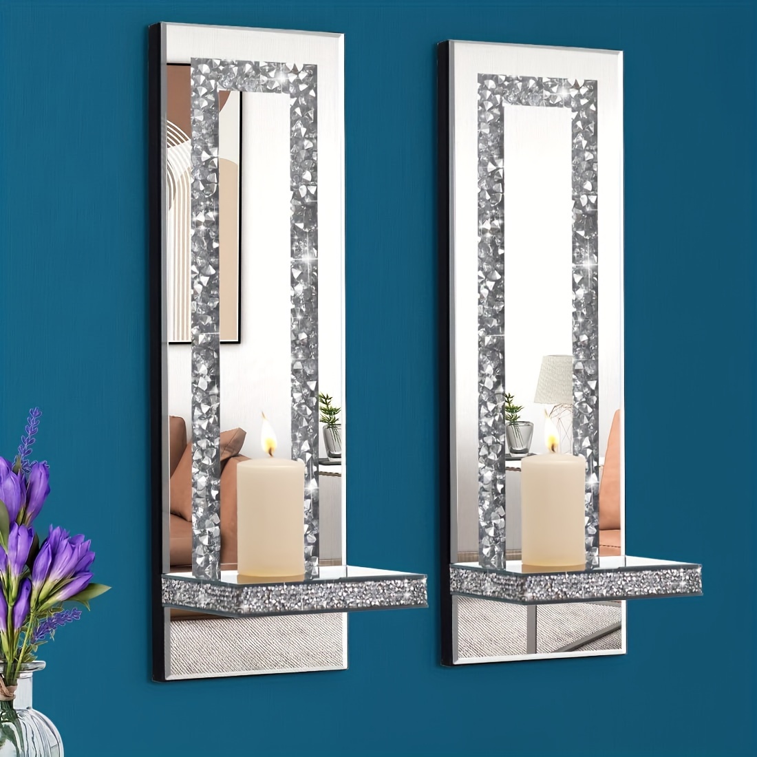 TEMU 2pcs Diamond Mirror Candle Holders, Silvery Wall Hanging Candle Holders, Suitable For Living Room, Dining Room, Bedroom Wall Decoration Rectangular Stripes