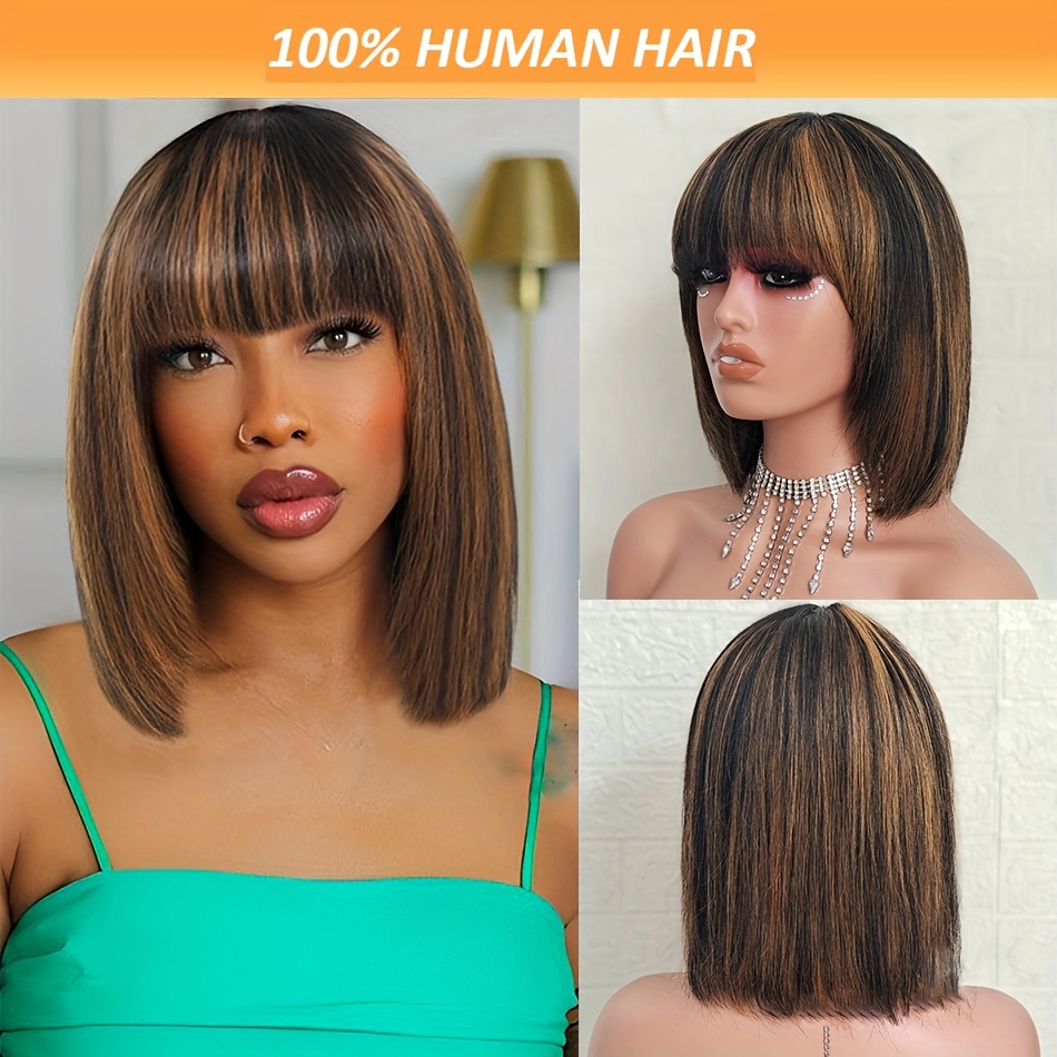 highlight straight bob wig with bangs human hair glueless  display picture 2