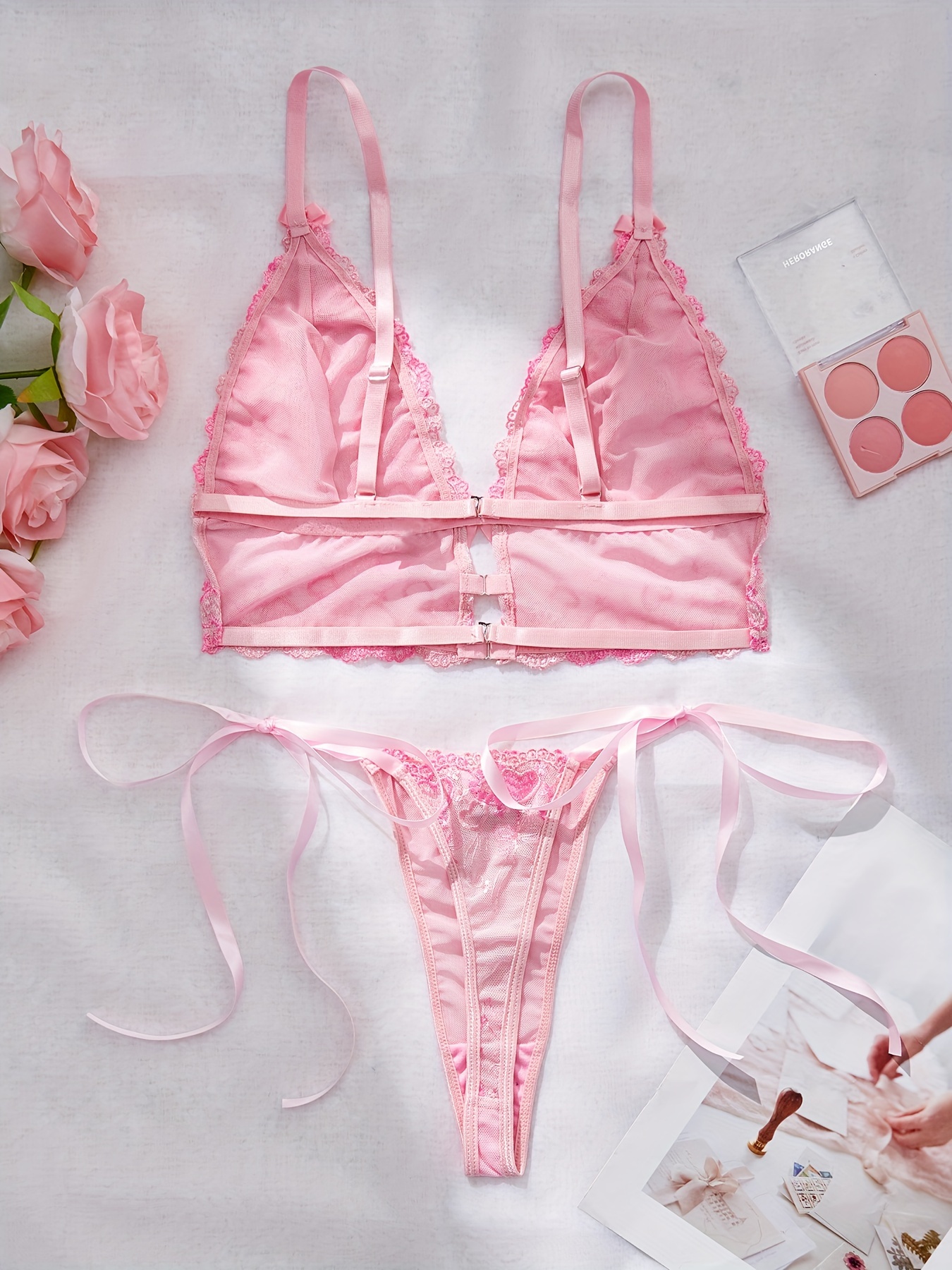 Valentine's Day Heart Embroidery Lingerie Set, Bow Knot Semi Sheer Cut Out  Bra & Thong, Women's Sexy Lingerie & Underwear