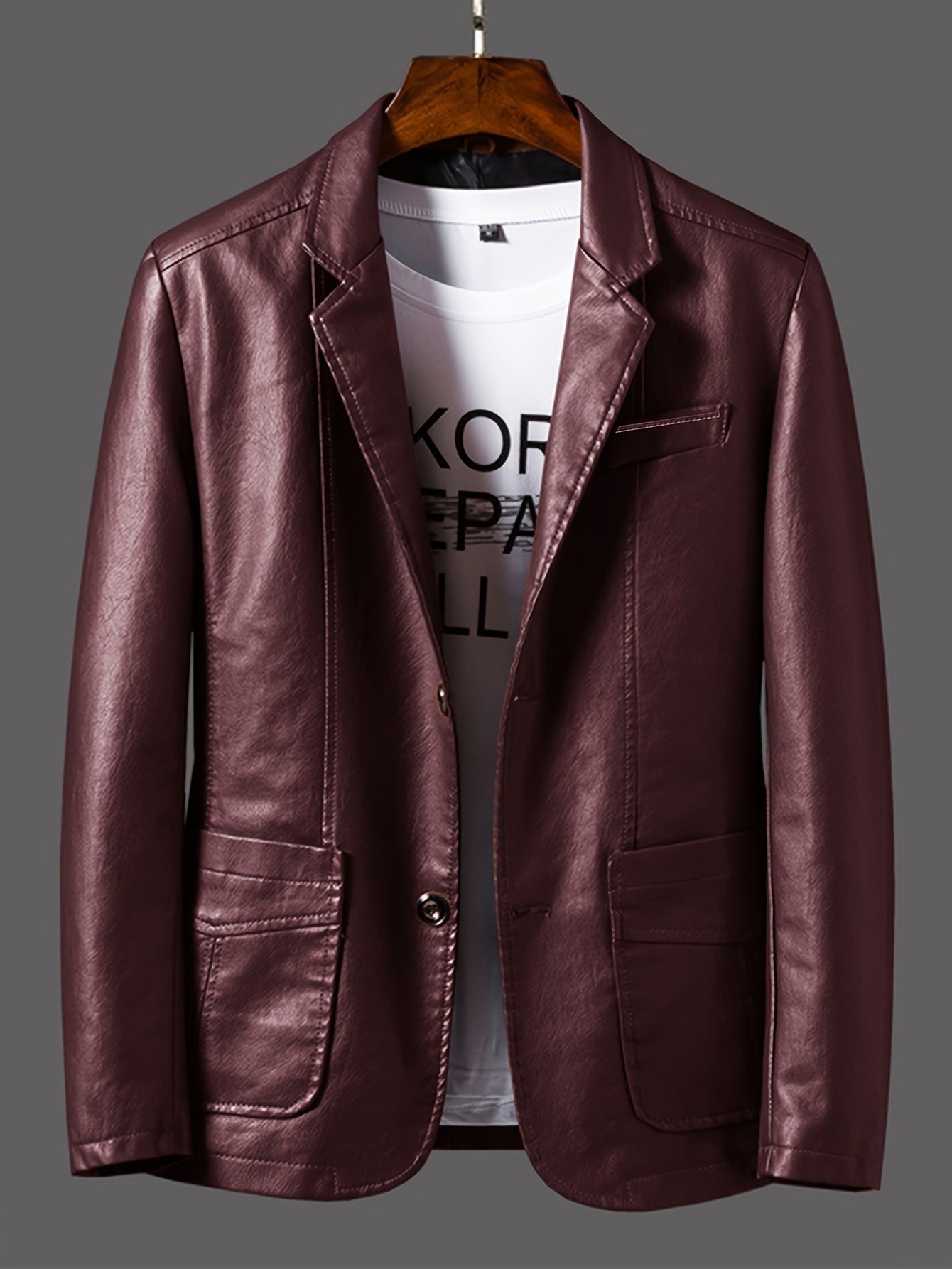 mens pu leather lapel button up cool trendy jacket for autumn winter wear