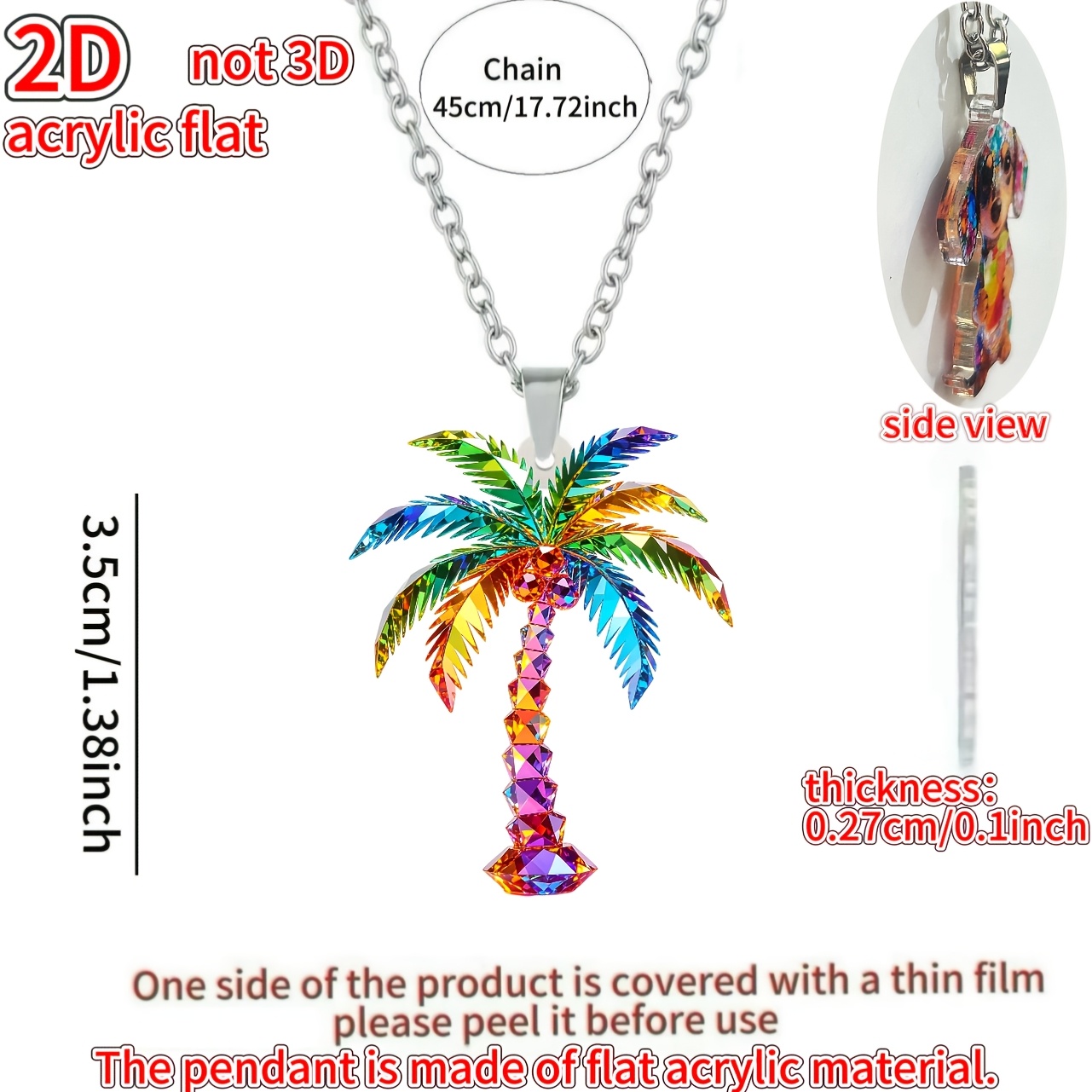 TEMU 2d Flat - [2d Flat] 1pc Pack, New Novelty Necklace, Coconut Tree, Acrylic Printed Pattern, Women's Necklace, Fashionable Sweater Chain Pendant,
