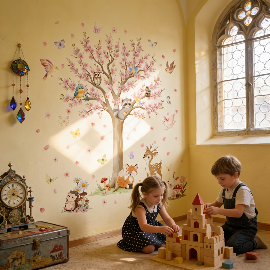 Image of Of Adorable Cartoon Forest Animal Wall Stickers Featuring Cherry Trees, Designed For Rooms. Removable, Self-adhesive Decorations Butterflies, Flowers, Rabbits, And Deer, Measuring 11.8 By 35.4 Inches