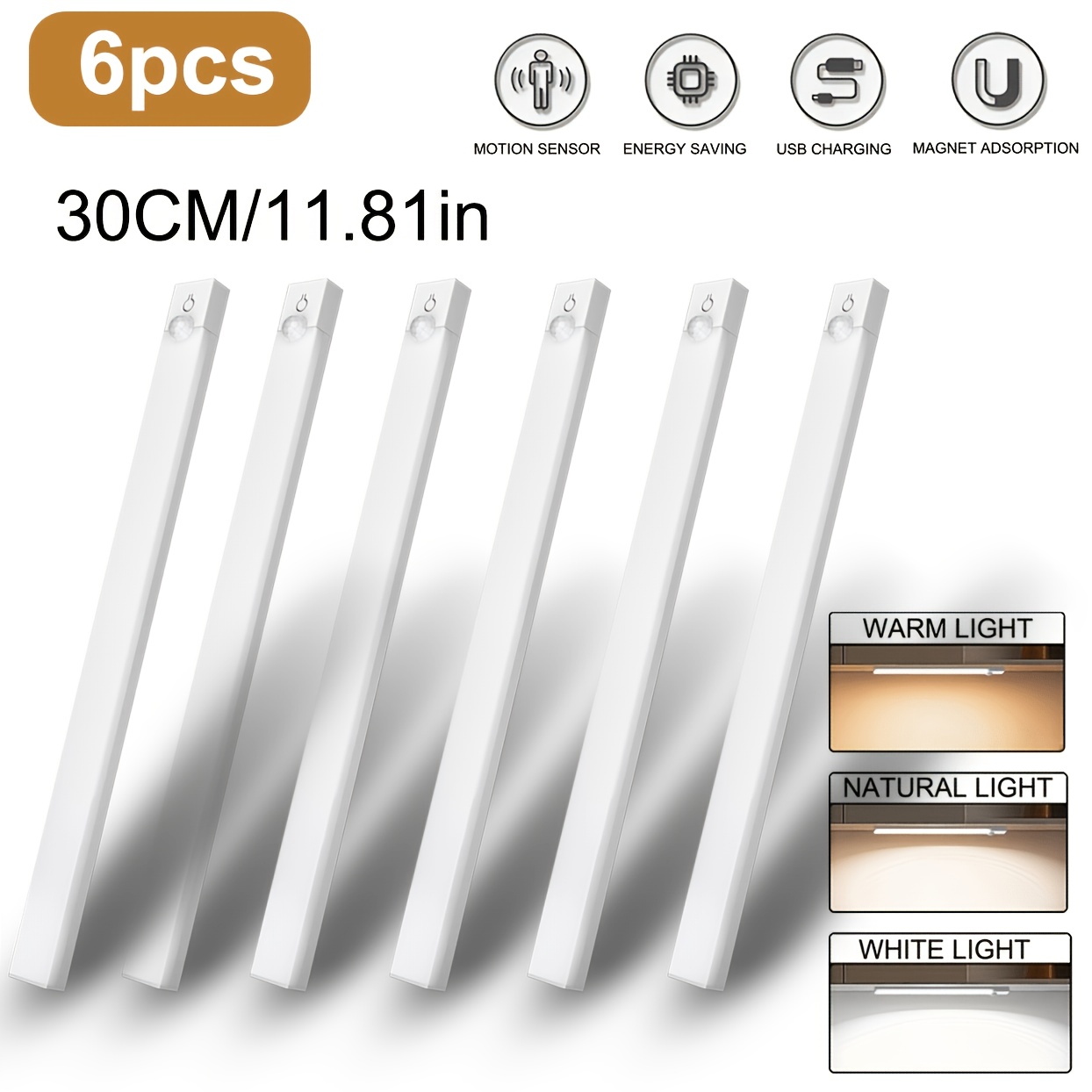 TEMU Nbbuff 6pcs Led Sensor Light - Dimmable Cabinet Lights With 3 Color Temperature , Usb Rechargeable, Magnetic Mount, Suitable For Indoor Use In