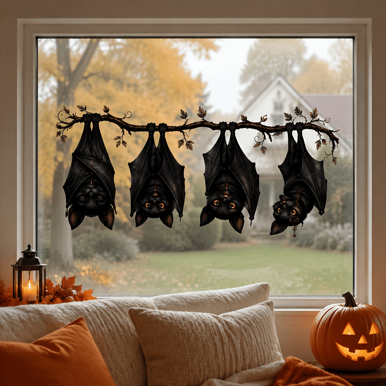 TEMU Plat 2D, 1 pièce Autocollant de fenêtre plat 2D imprimé chauve-souris suspendue pour Halloween | Autocollant mural branche de chauve-souris de