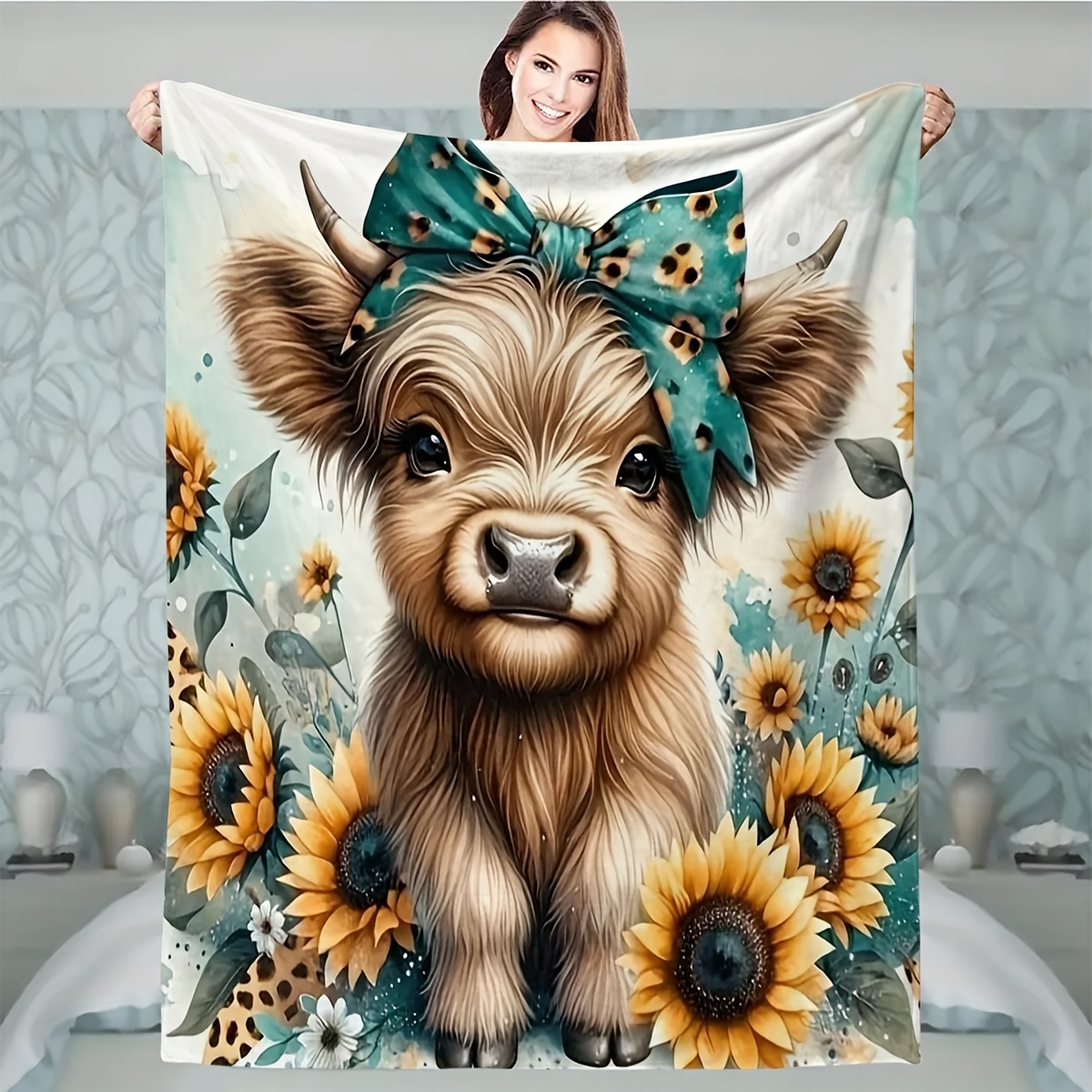 

Cozy Contemporary Highland Cow & Sunflower Throw Blanket – Flannel Fleece, Reversible Bedding With Lightweight 200-250gsm, Ideal For Room Decor, Sofa, Travel, And Nap – Perfect Gift For