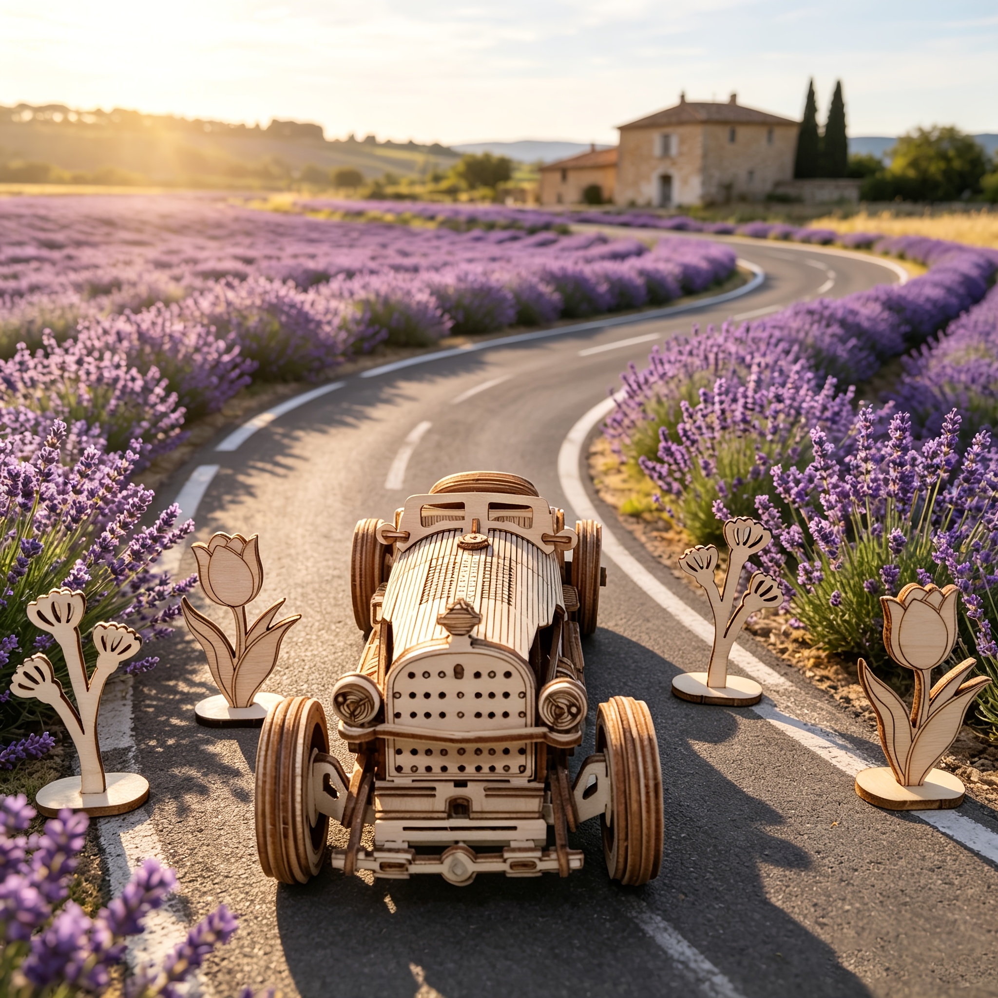 Vintage Convertible Sports Car Wooden Puzzle Set with Flower Ornaments