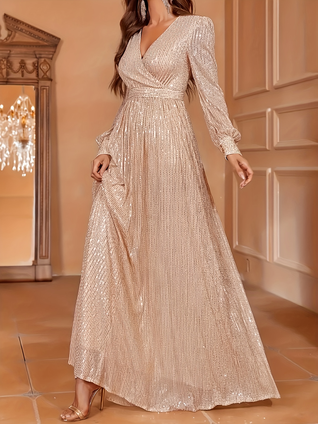 high neck long sleeve gold dress Galaxy Champagne Sequin Turtle-Neck Long-Sleeve Maxi Dress – Club L London main image 0