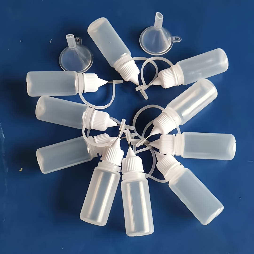 10-pack 0.34 Oz Plastic Resin Casting Bottles With Applicator Tips And Mini Funnel For Diy Crafts, Round And Cylindrical Shape, Durable Material, Ideal For Adhesive And Ink Storage